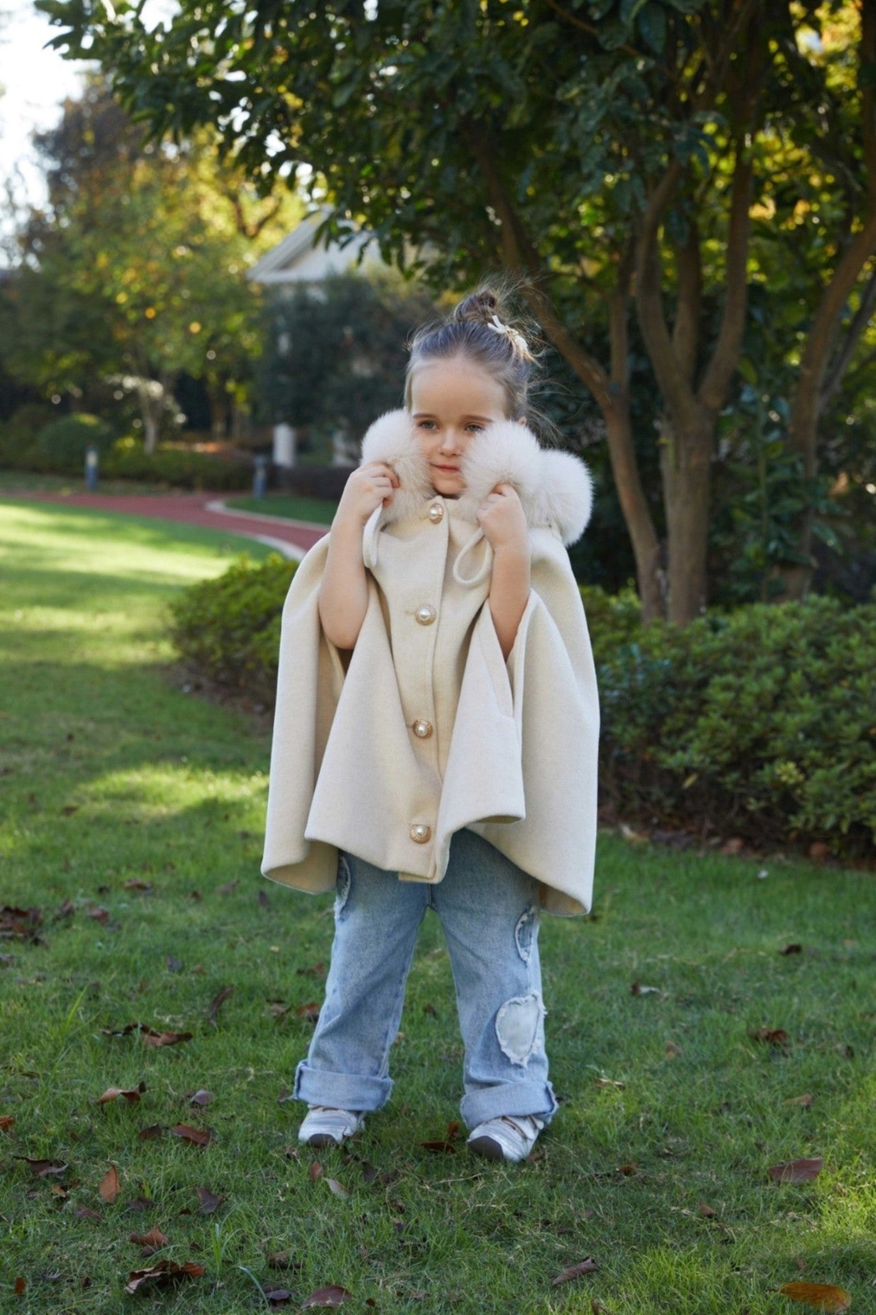 New Children's Double Fur Ball Hooded Poncho Shawl - Janefur