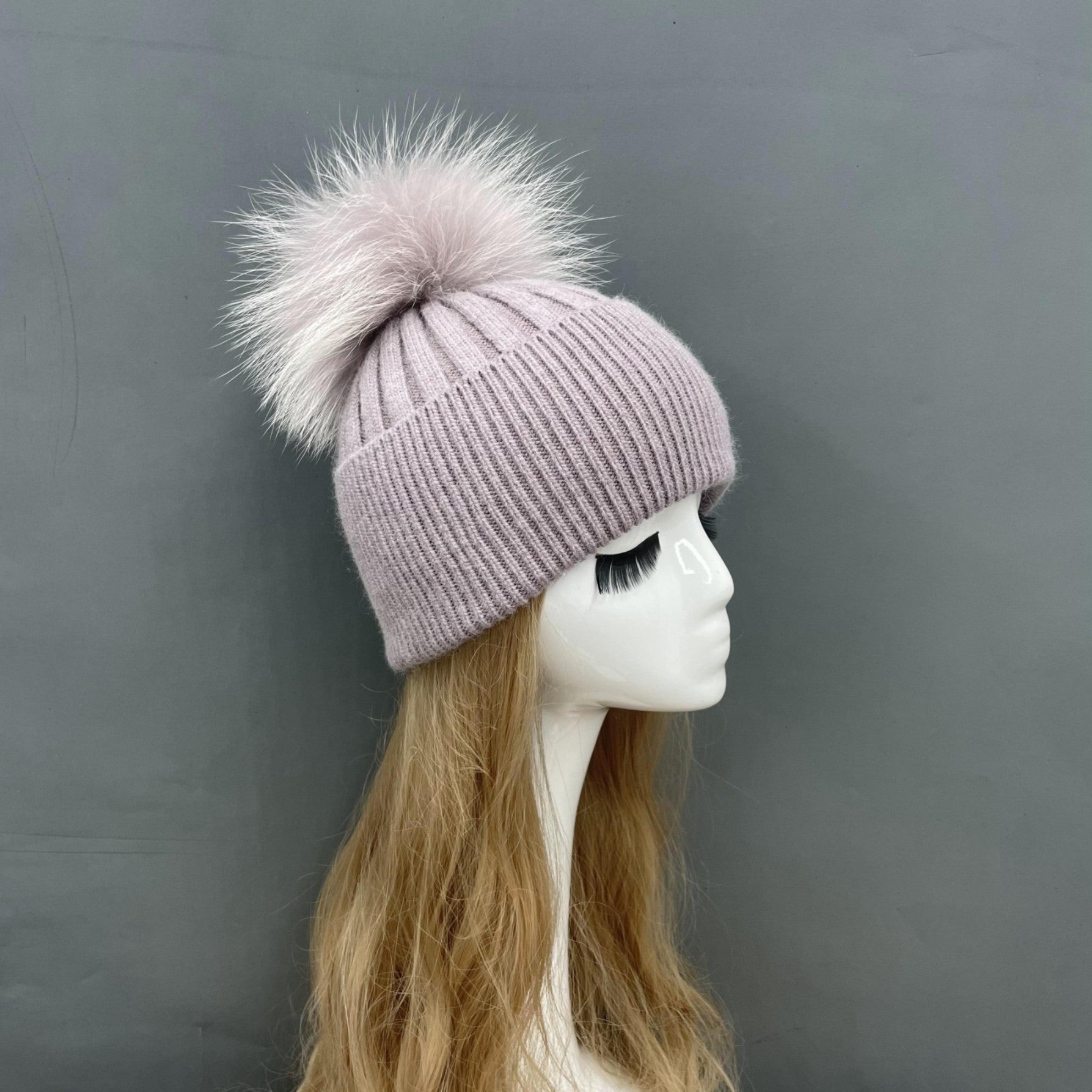 Winter Knitted Angora Beanie Hat With Removable Fur Pom Pom - Janefur