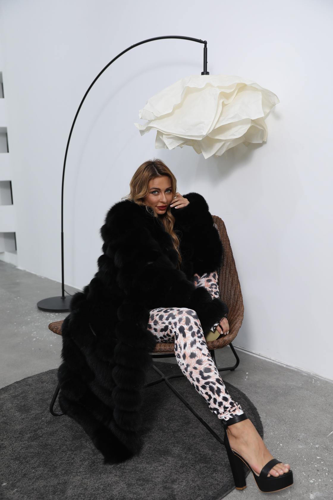 Fashion Casual Women's Wholesale Fox Fur Black Luxury Coat - Janefur