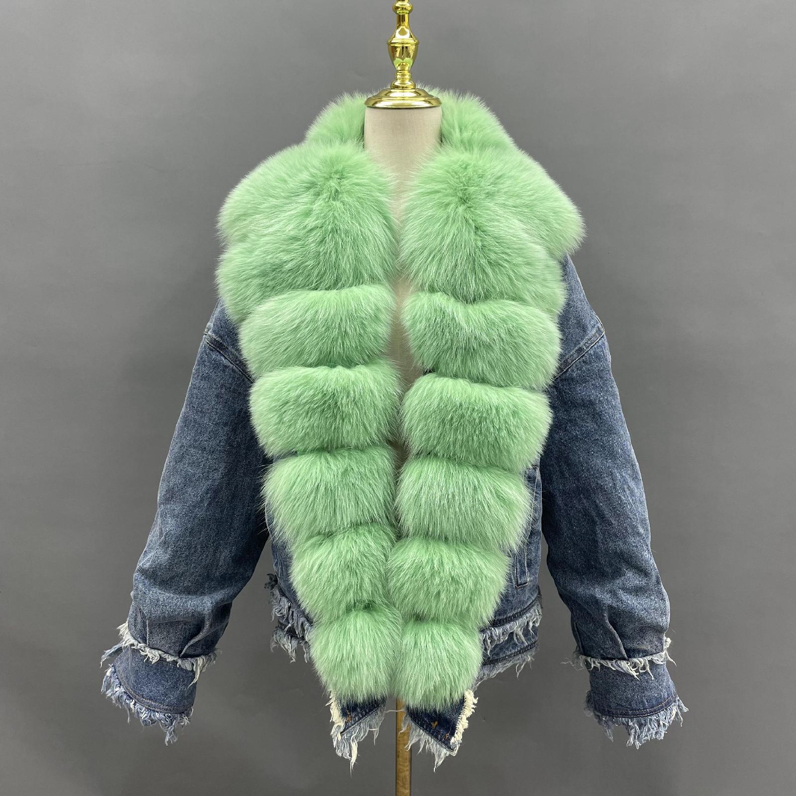 Women's Denim Jacket Leather Large Fox Fur Collar Winter Luxury Coat Fluffy Jacket Denim Blue Down Outerwear - Janefur