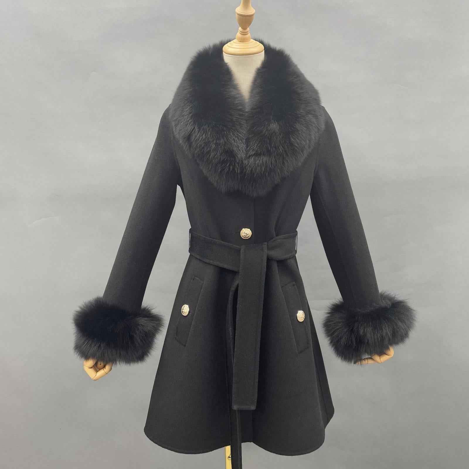 Double-Faced Fleece Coat for Women Elegant Notched Lapel Belted Double-Faced Wool Outer Jacket - Janefur