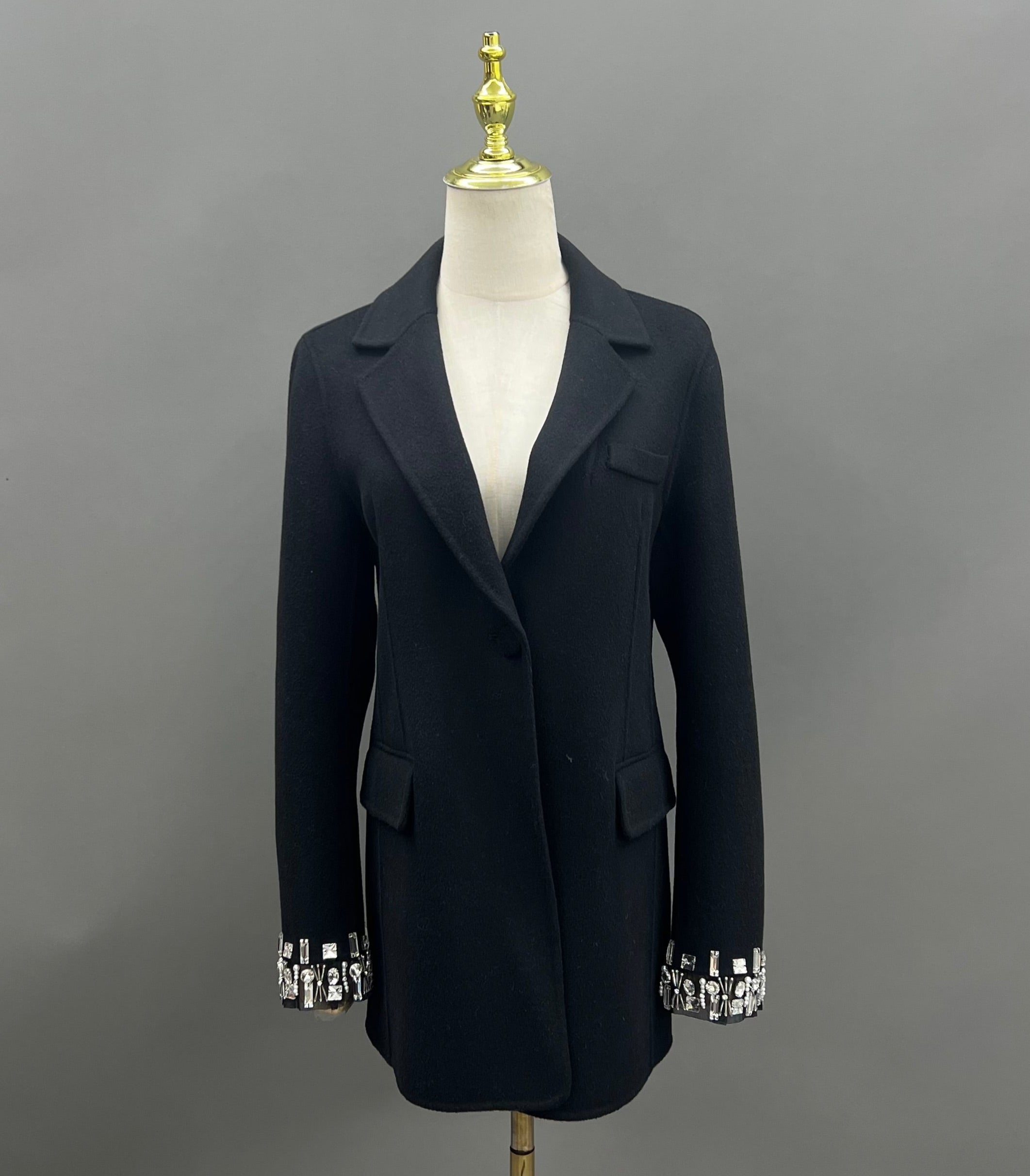 Tailored Double-Faced Wool Blazer with Rhinestone Cuff Embellishments – Hot Pink Statement Coat for Women - Janefur