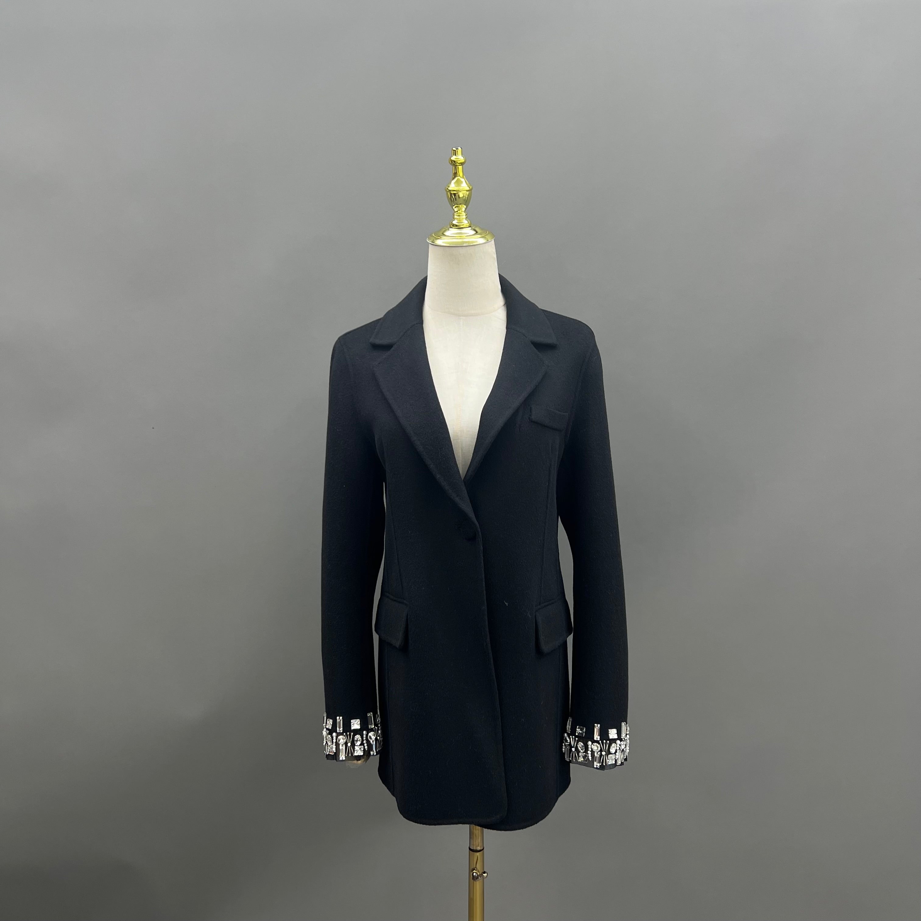 Tailored Double-Faced Wool Blazer with Rhinestone Cuff Embellishments – Hot Pink Statement Coat for Women - Janefur