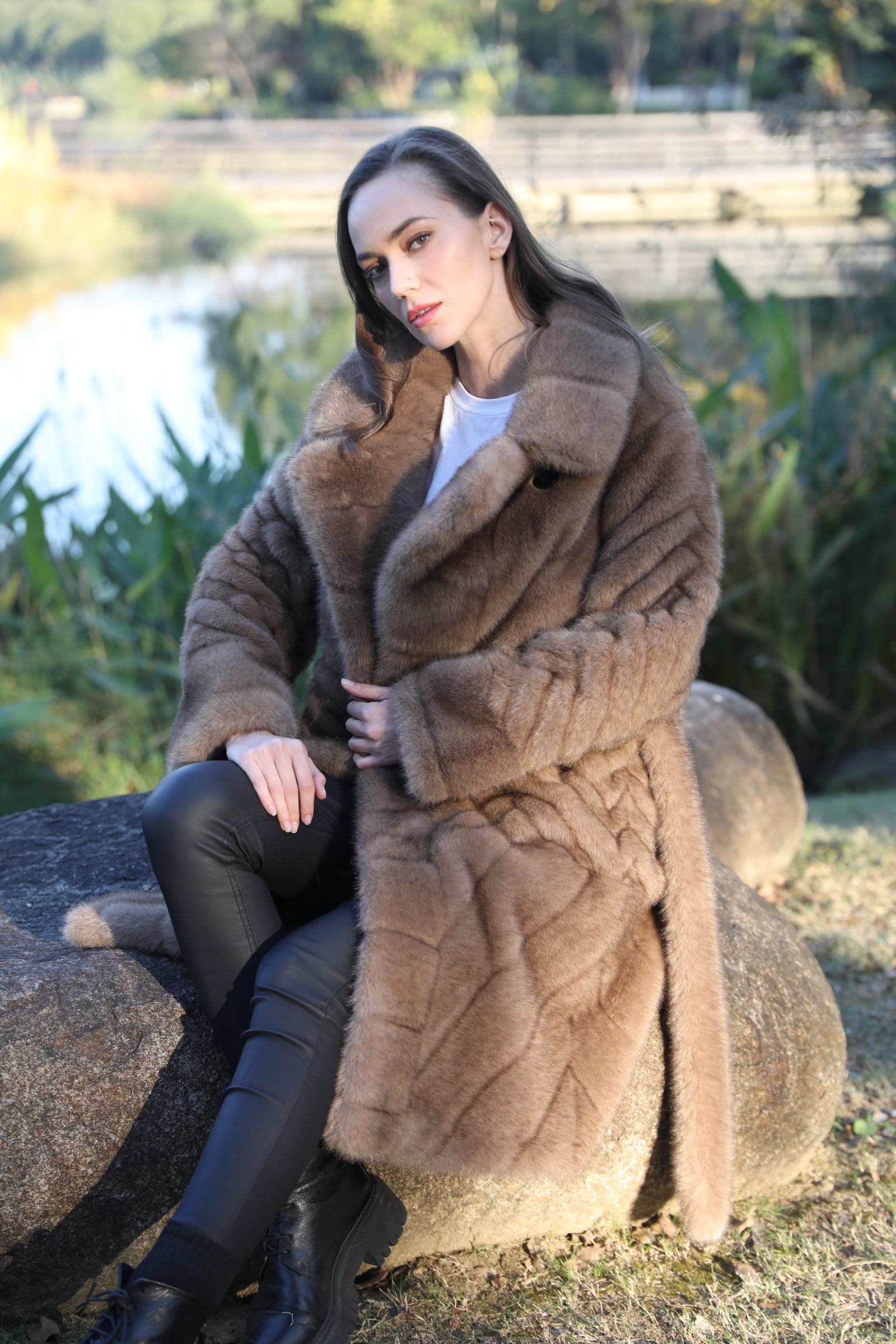 Women's New Fashionable Brown Lace-up Long Faux/Eco Mink Coat - Janefur