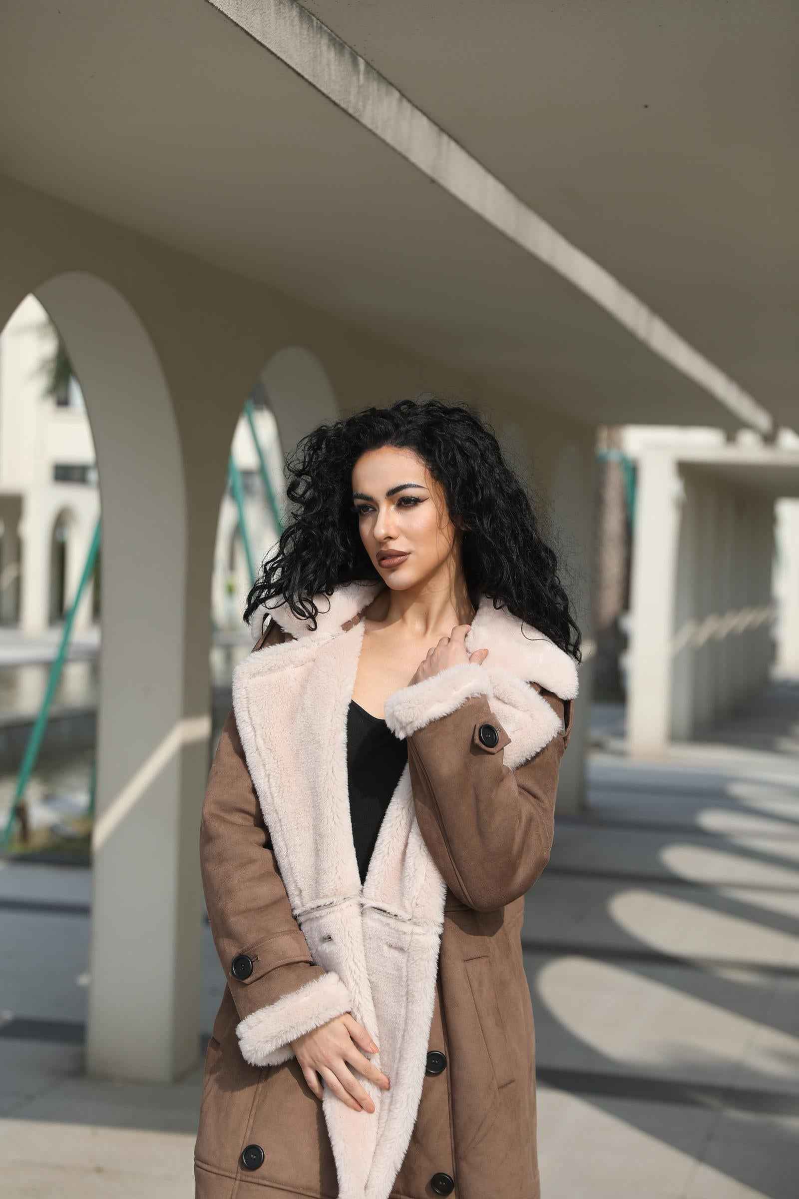 Leather and Fur Combo Merlot Double-Breasted Women's Vintage Long Coat - Janefur