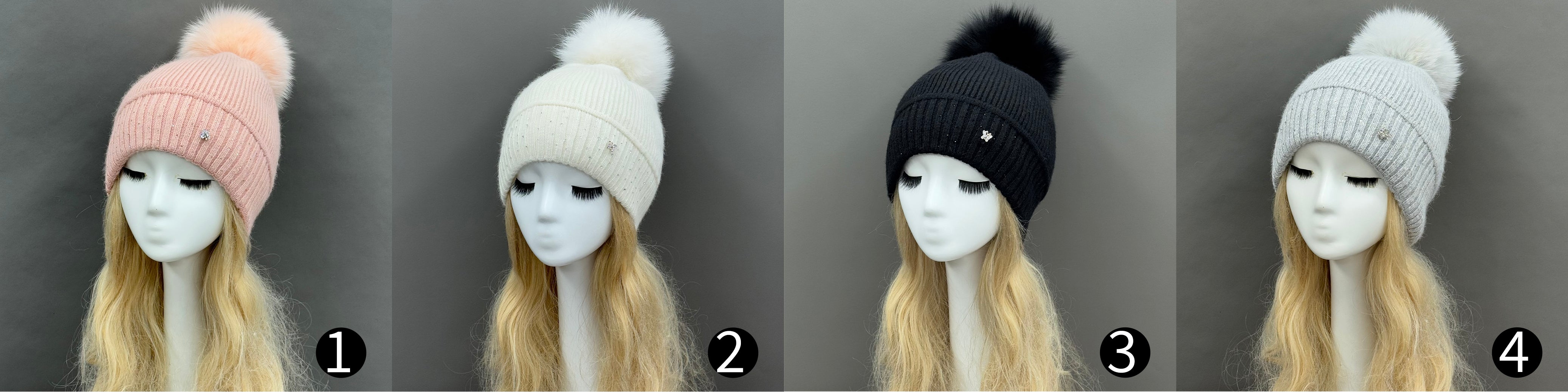 Women’s Light Pink Angora Knit Beanie with Butterfly Rhinestone – Elegant Winter Hat for Fashionable Style