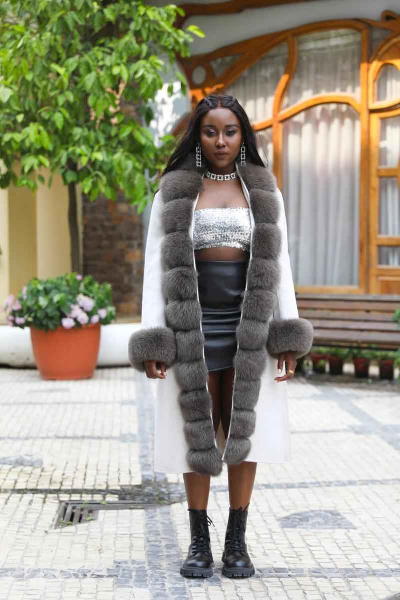Segmented Fox Fur Front Wool Coat with Fur Cuffs - Janefur
