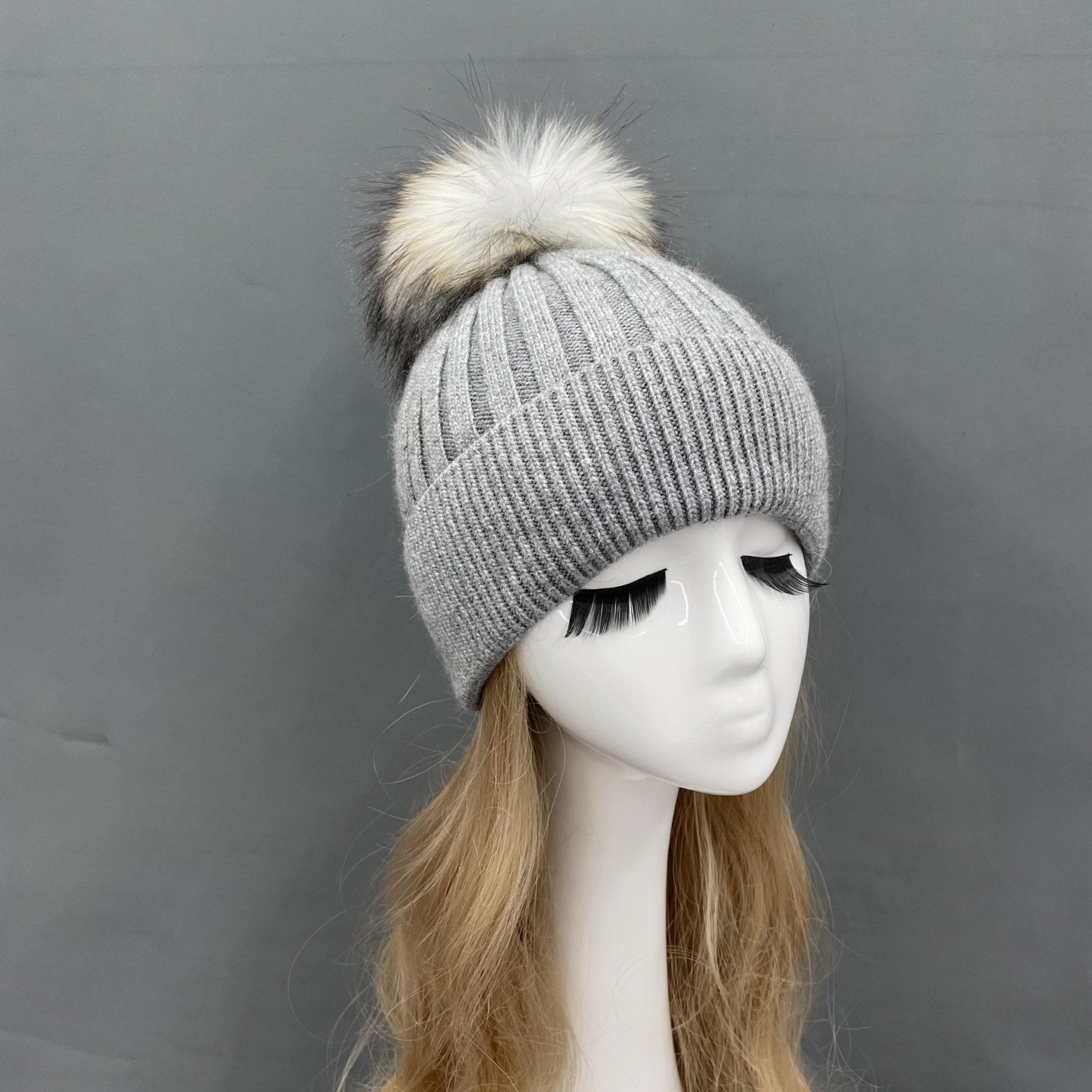 Winter Knitted Angora Beanie Hat With Removable Fur Pom Pom - Janefur