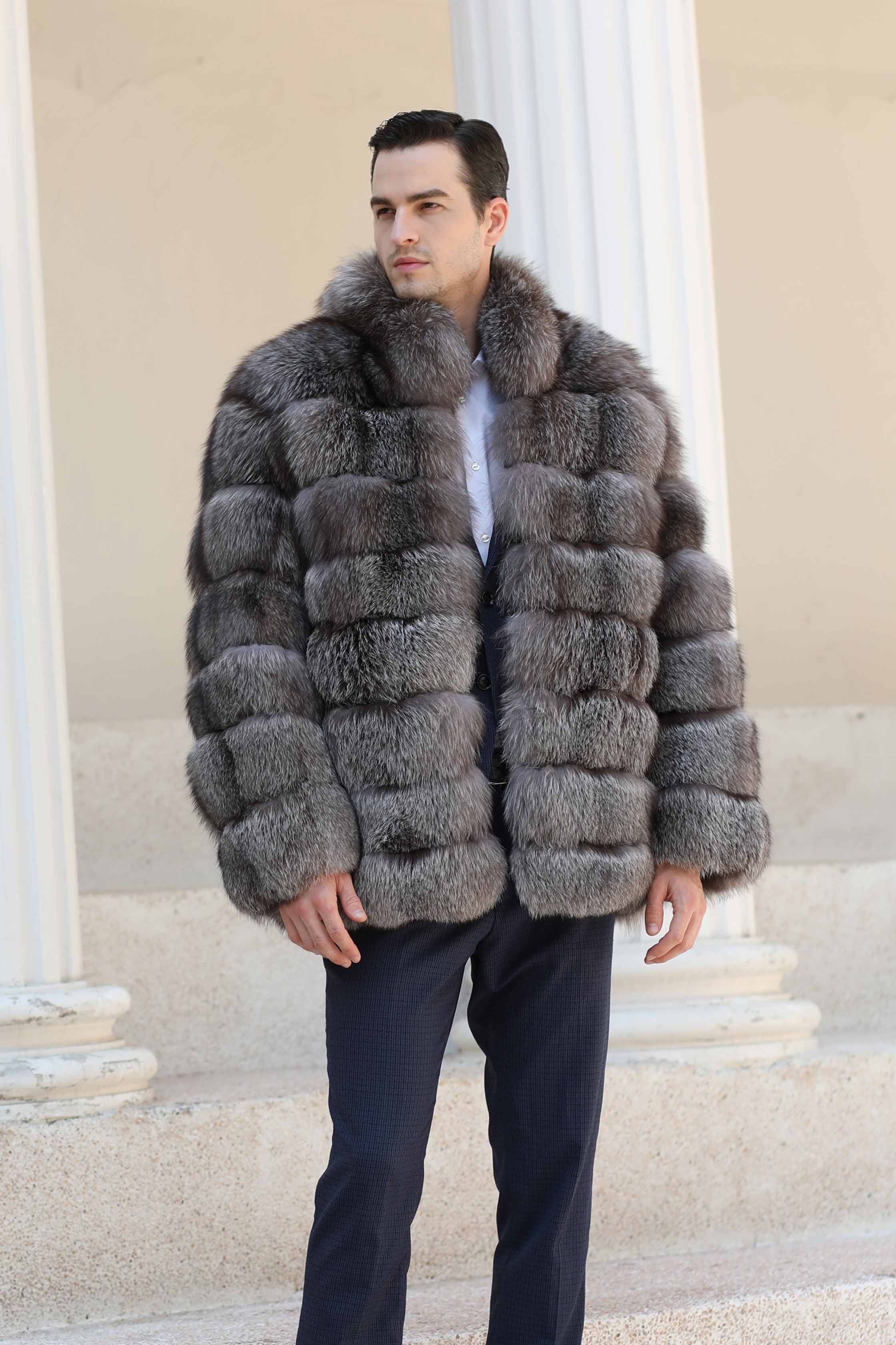 Men's Winter Fashion Warm Stand-up Collar Real Blue Fox Fur Coat - Janefur