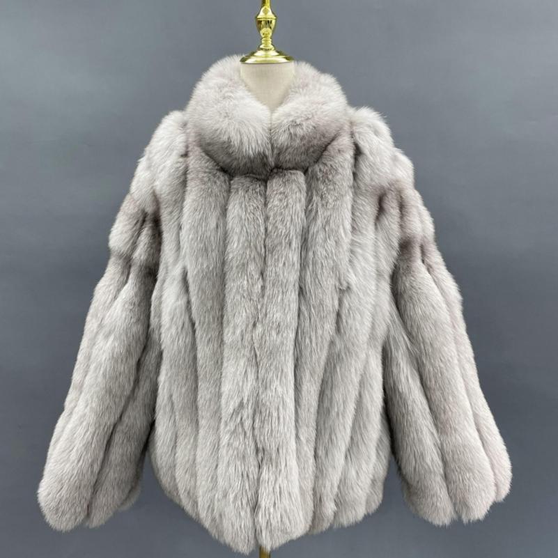 Men's Winter Coat With Stand-up Collar And Vertical Stripes Real Fox Fur - Janefur