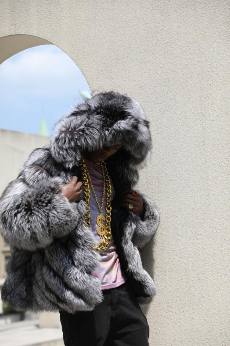 Silver fox diagonal stripe coat with a hood - Janefur