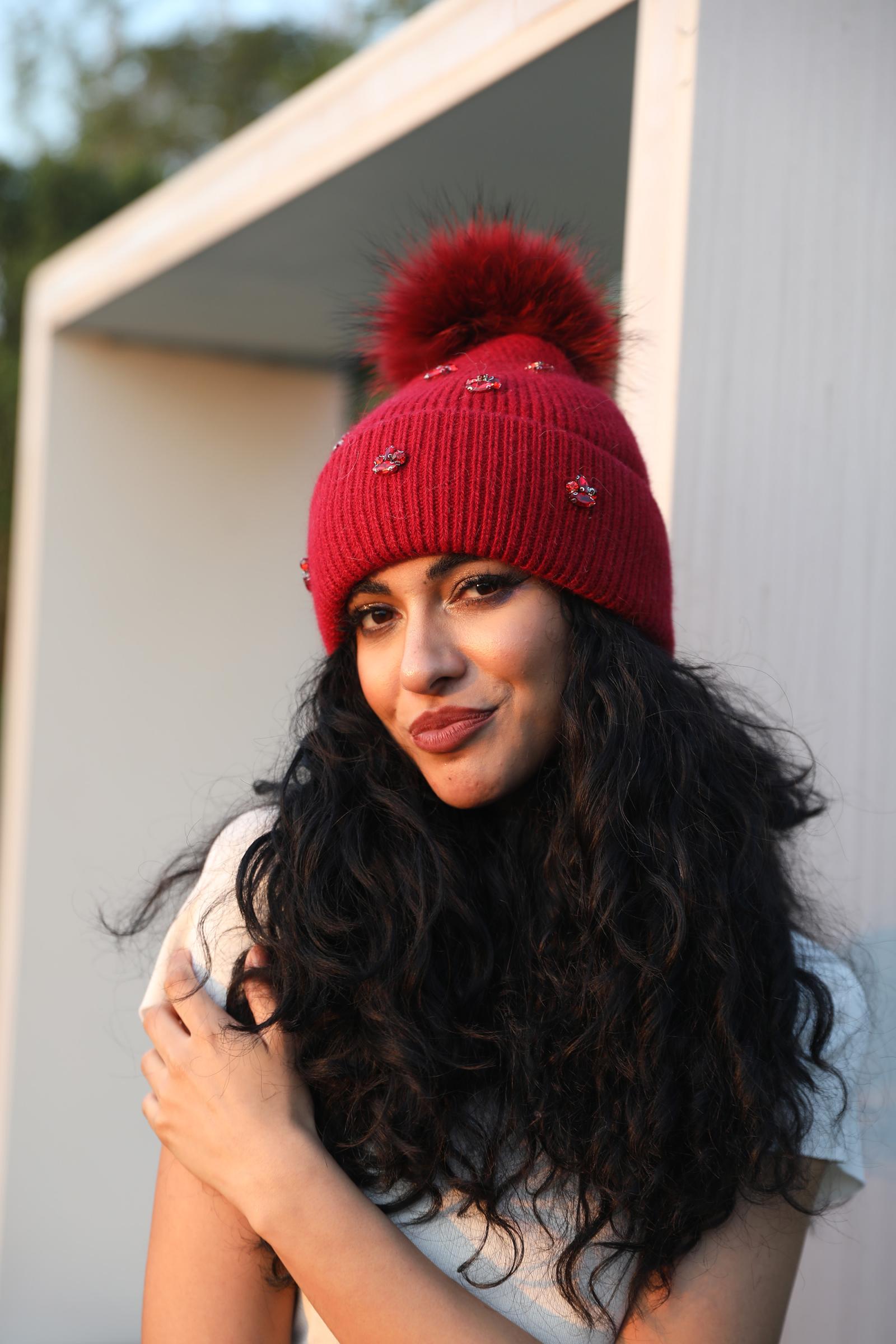 Ladies' Rabbit Fur Hat with Small Rhinestone Pompoms for Casual Wear - Janefur