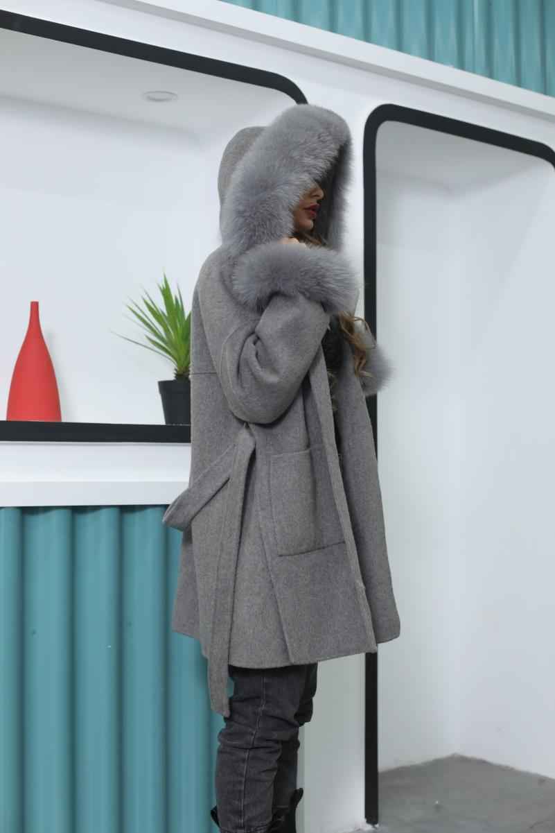 Short Length Hooded Double-faced Wool Coat with Large Pockets - Janefur