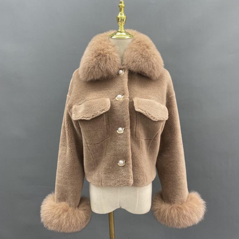 Pearl Button Lapel Shearling Short Jacket - Janefur