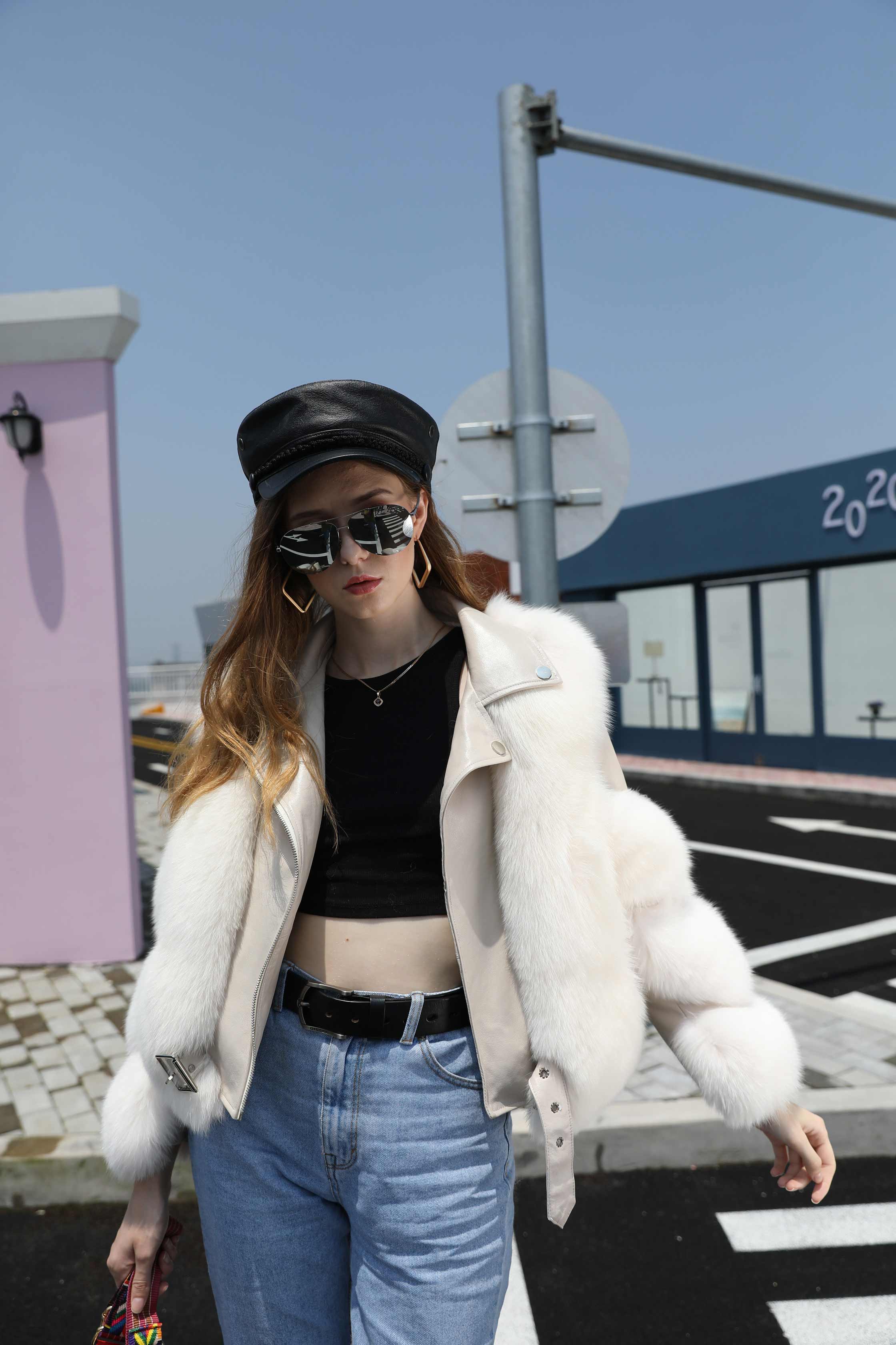 Warm Winter Leather Fluffy Real Fox Fur Jacket Women's Short Coat - Janefur