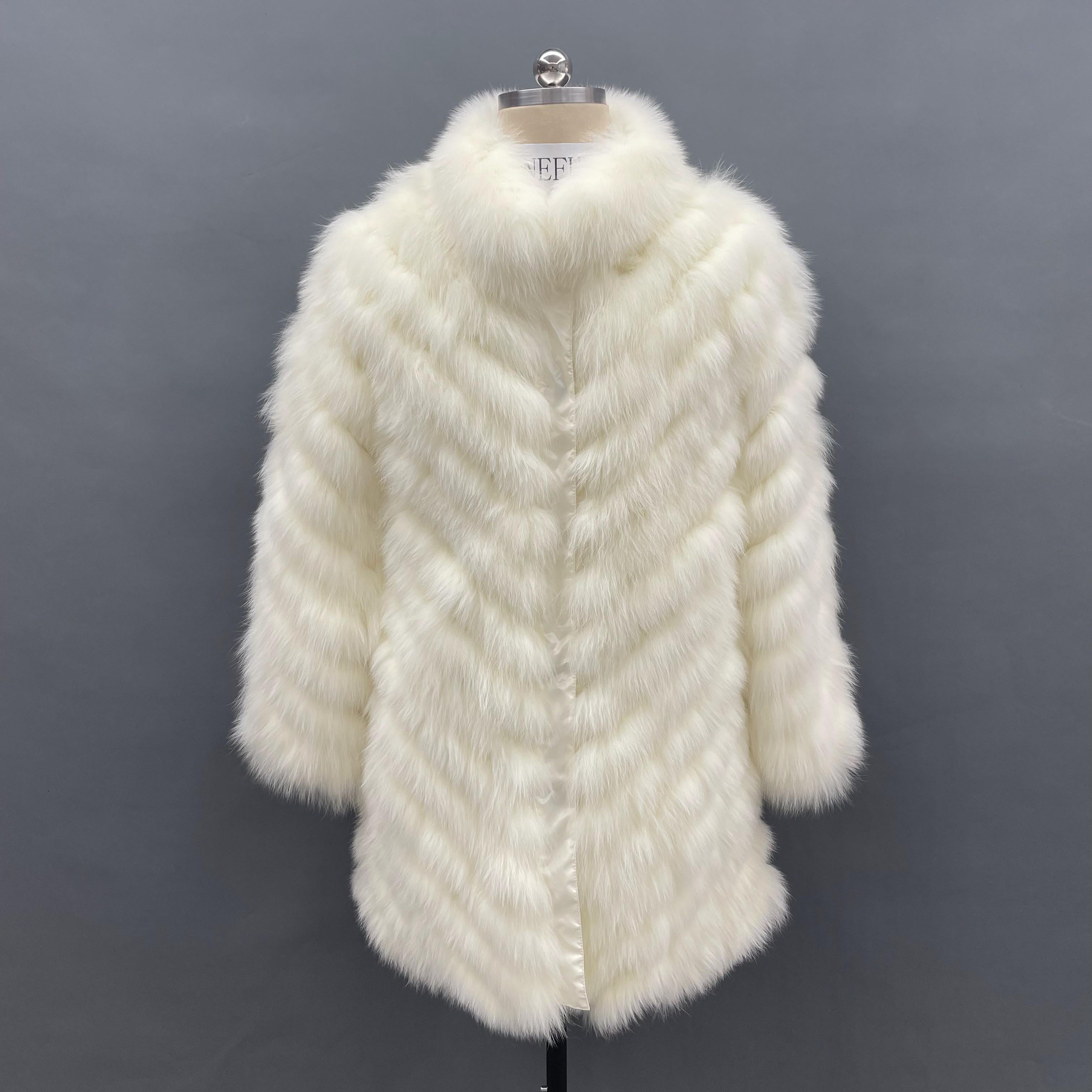 Reversible Long Jacket With Fox Fur And Diagonal Stripes - Janefur