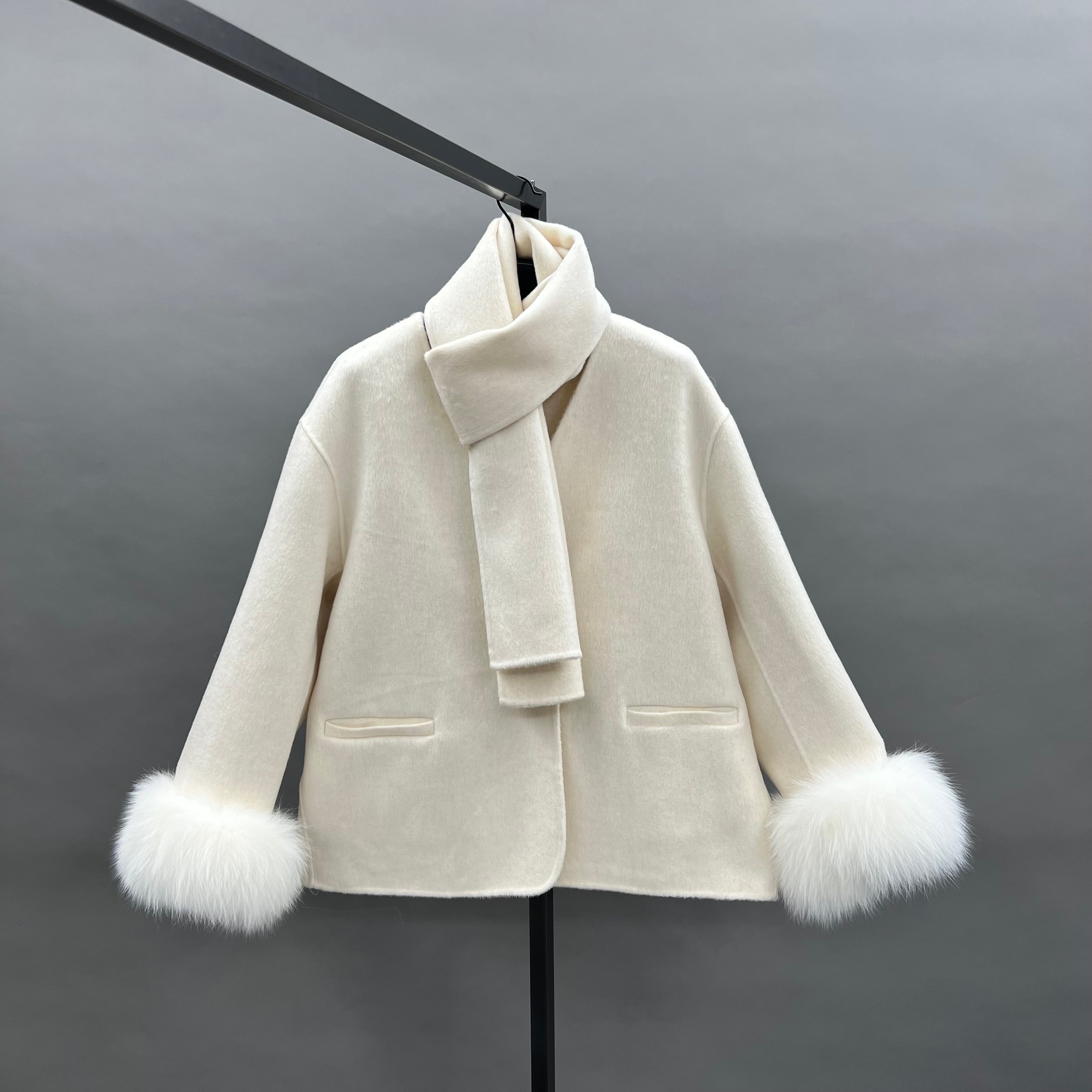New Women’s Double-Faced Wool Coat with Scarf and Real Fox Fur Cuffs – Short Winter Jacket - Janefur