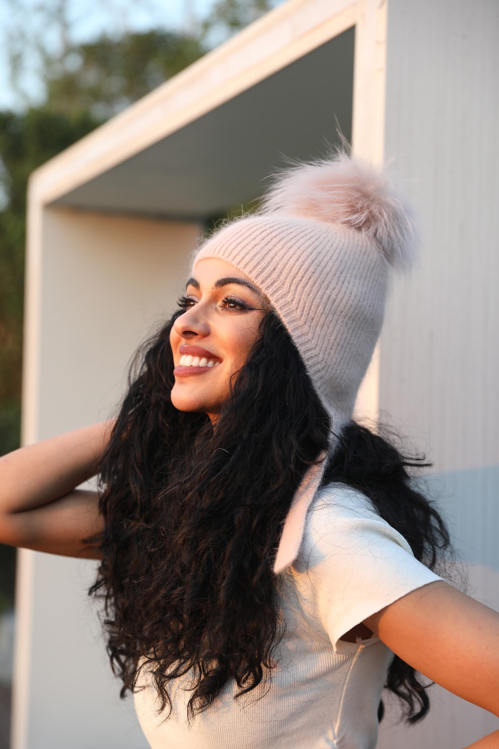 Adult Rabbit Fur Pom Pom Ear Muff Hat with Windproof and Warm Protection - Janefur
