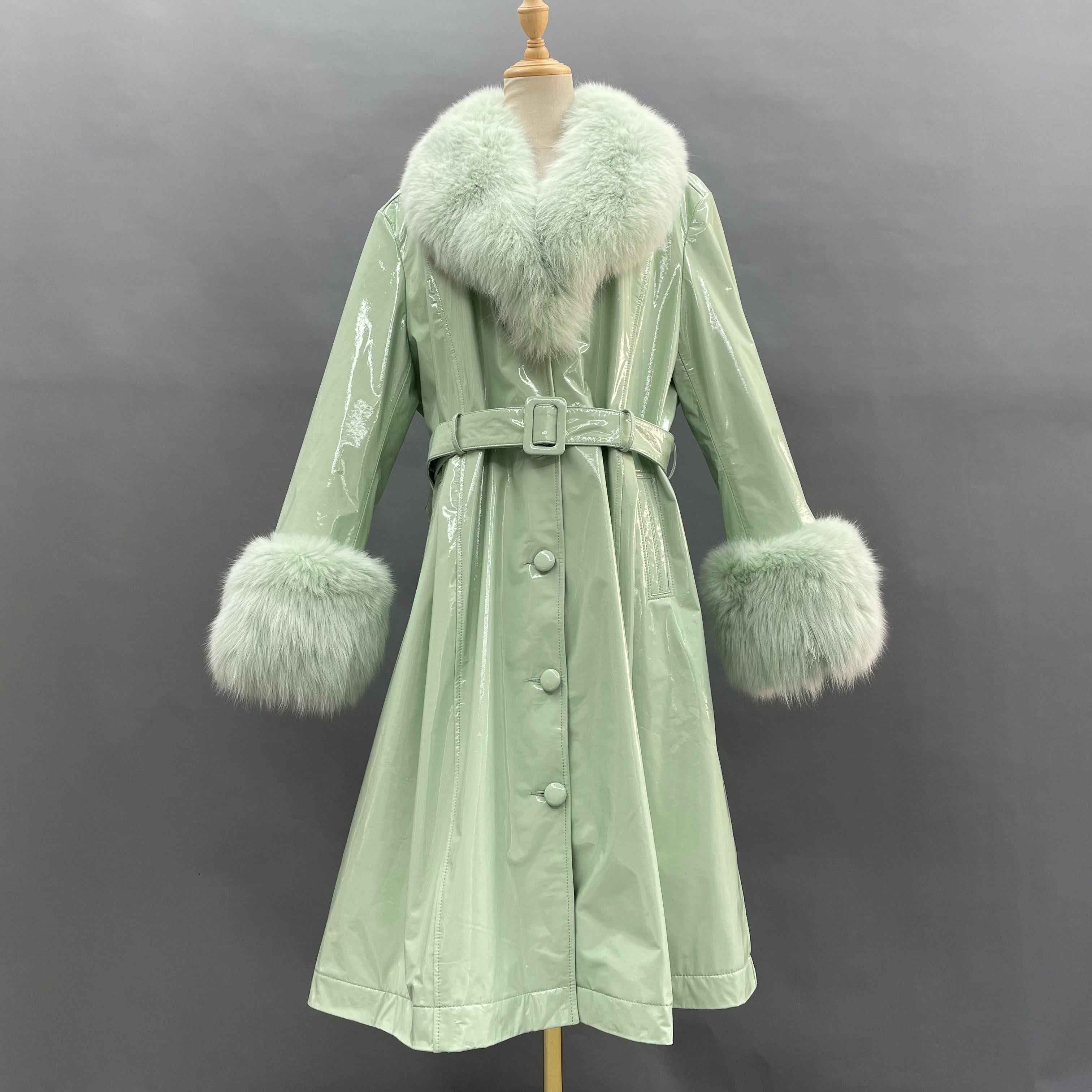Women's Winter Large Flip Lapel Collar Fur Terry Long Shiny Leather Jacket - Janefur