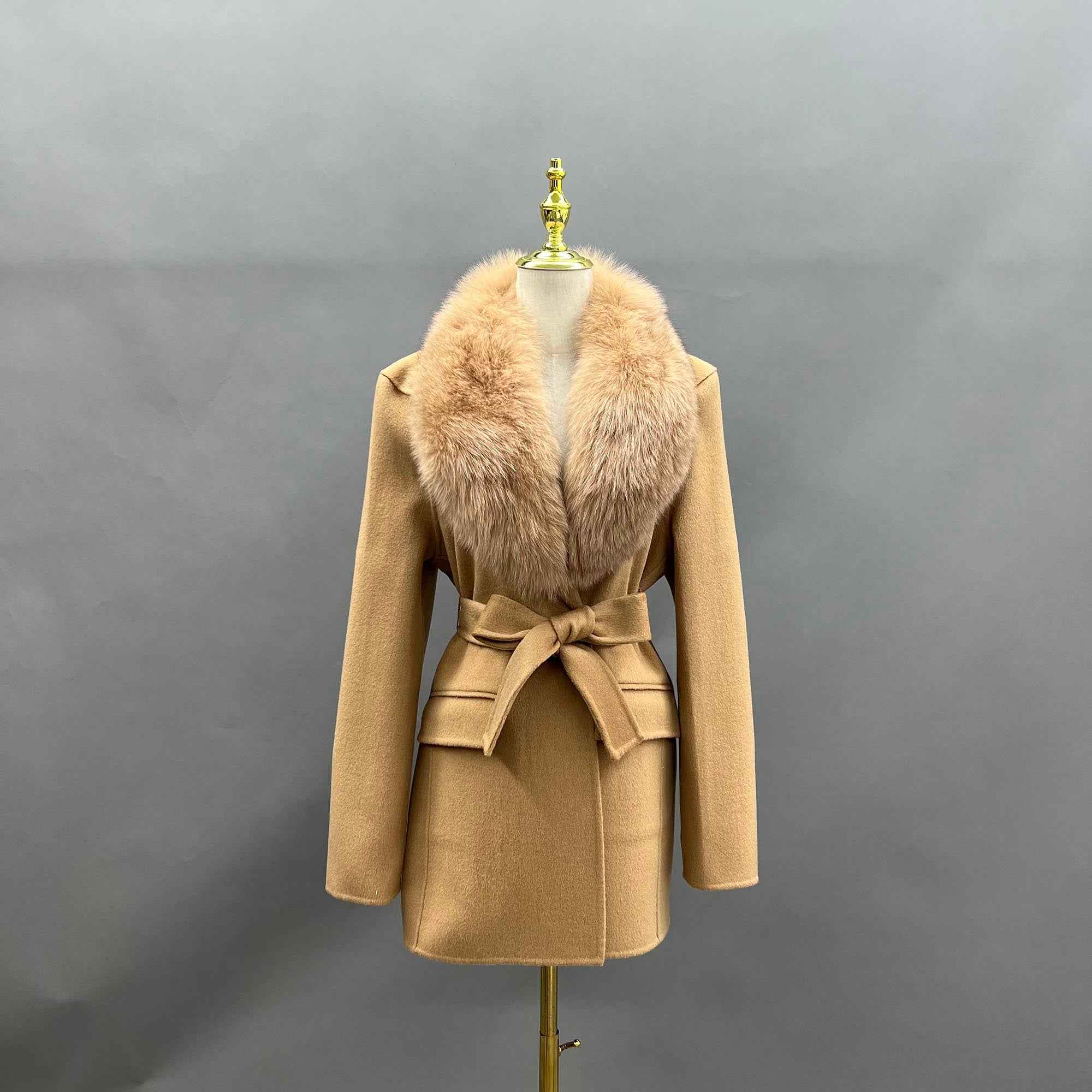 Janefur Womens Fashion Cashmere Coat Waisted Shoulder Design Fox Fur Collar Wool Coat - Janefur