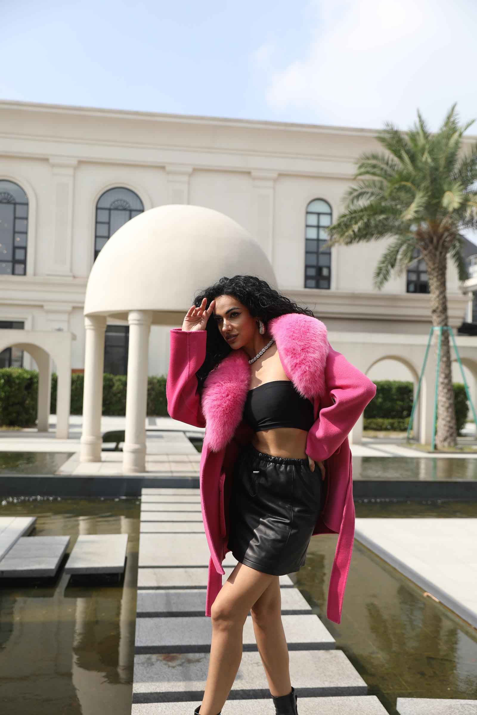 Fox Fur Collar Double-Faced Cashmere Coat for Women with Charming Notched Lapel Waist-Cinching Double-Faced Wool Jacket - Janefur