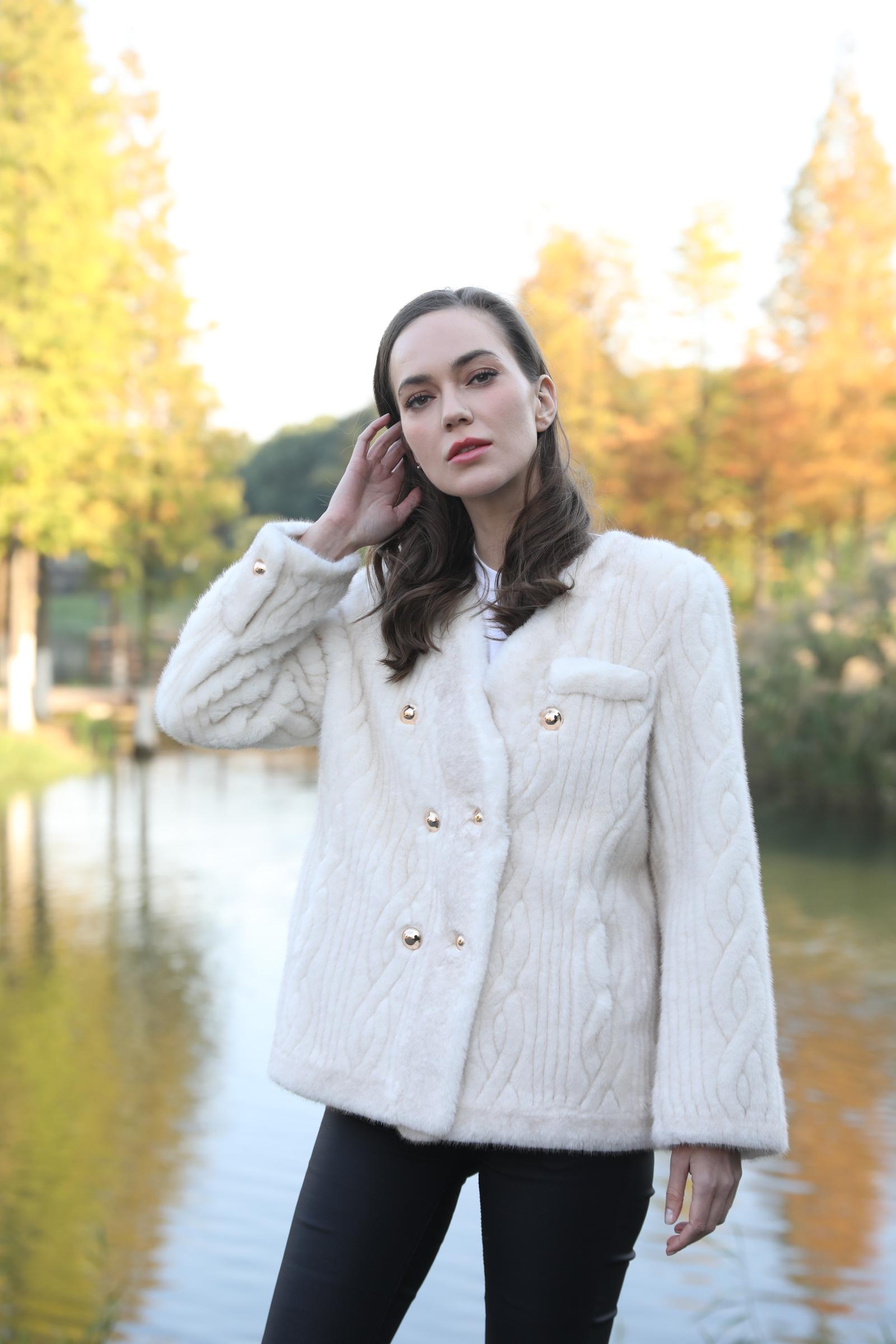 Women's Metal Button V-Neck Elegant Fashion Faux Mink Jacket - Janefur