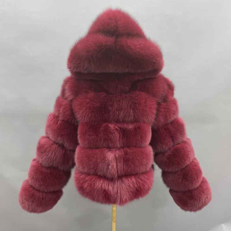 Women's Short Winter Trend Real Fox Fur Coat Solid Color Hooded - Janefur