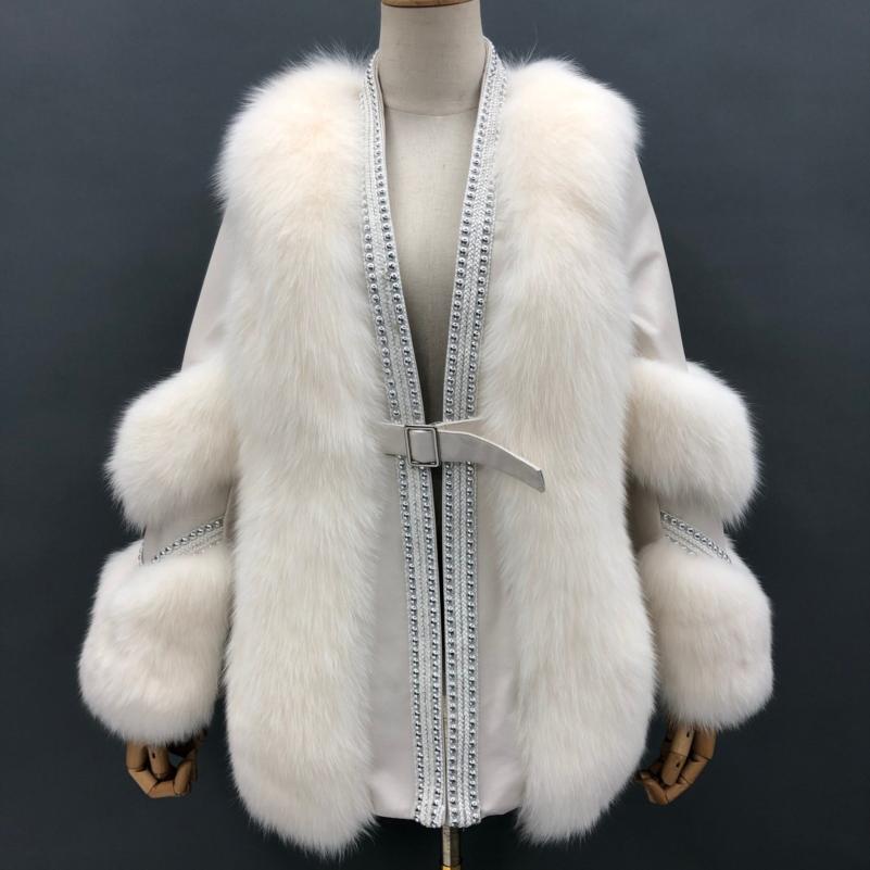 Women's Fox Fur Patchwork Leather Rivet Front Winter Coat - Janefur