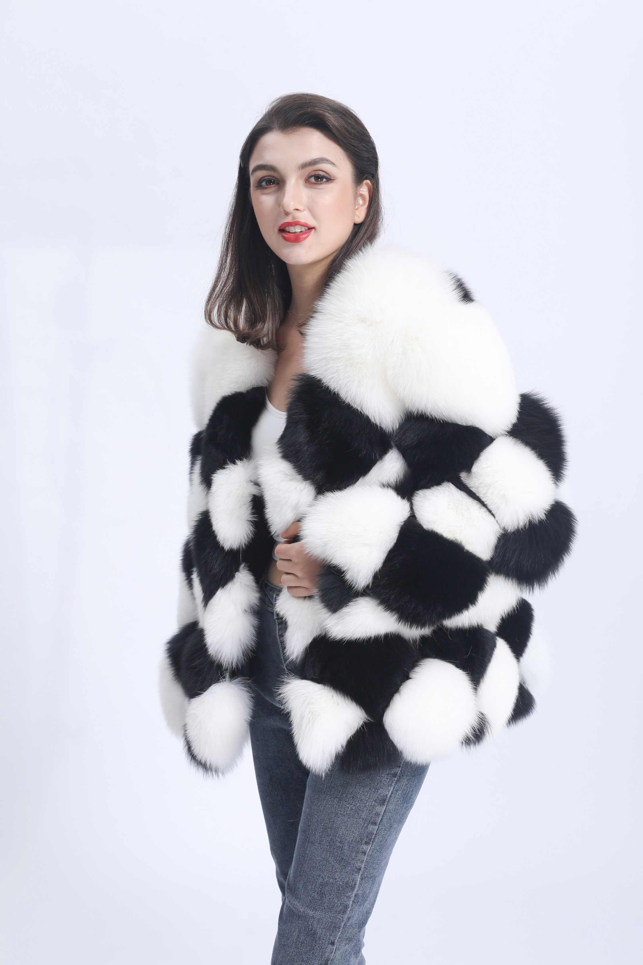 Premium Luxury Black And White Checked Real Fox Fur Coat For Women - Janefur