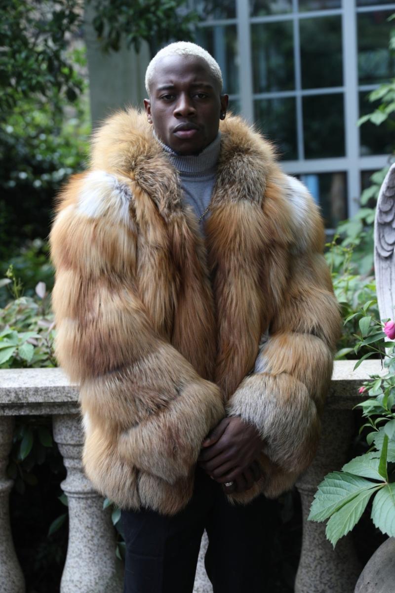 Men's Red Fox Fur Coat with Vertical Stripes and a Hood - Janefur
