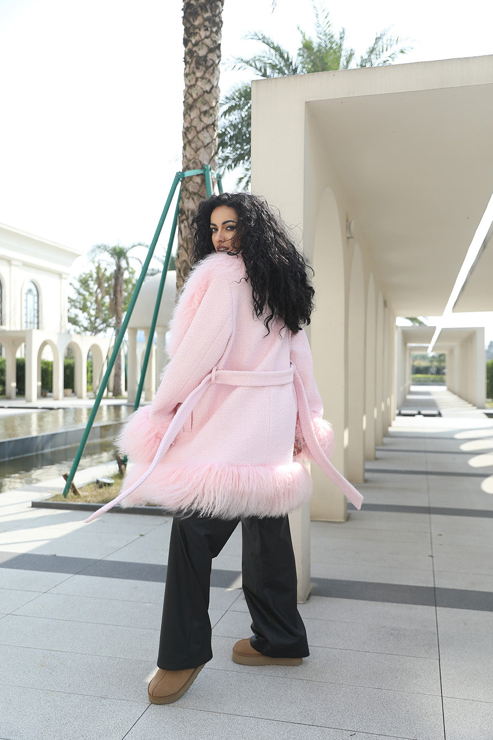 Janefur Wholesale Long Mongolian Lamb Fur Womens Fashion Lace Up Fur Coat - Janefur