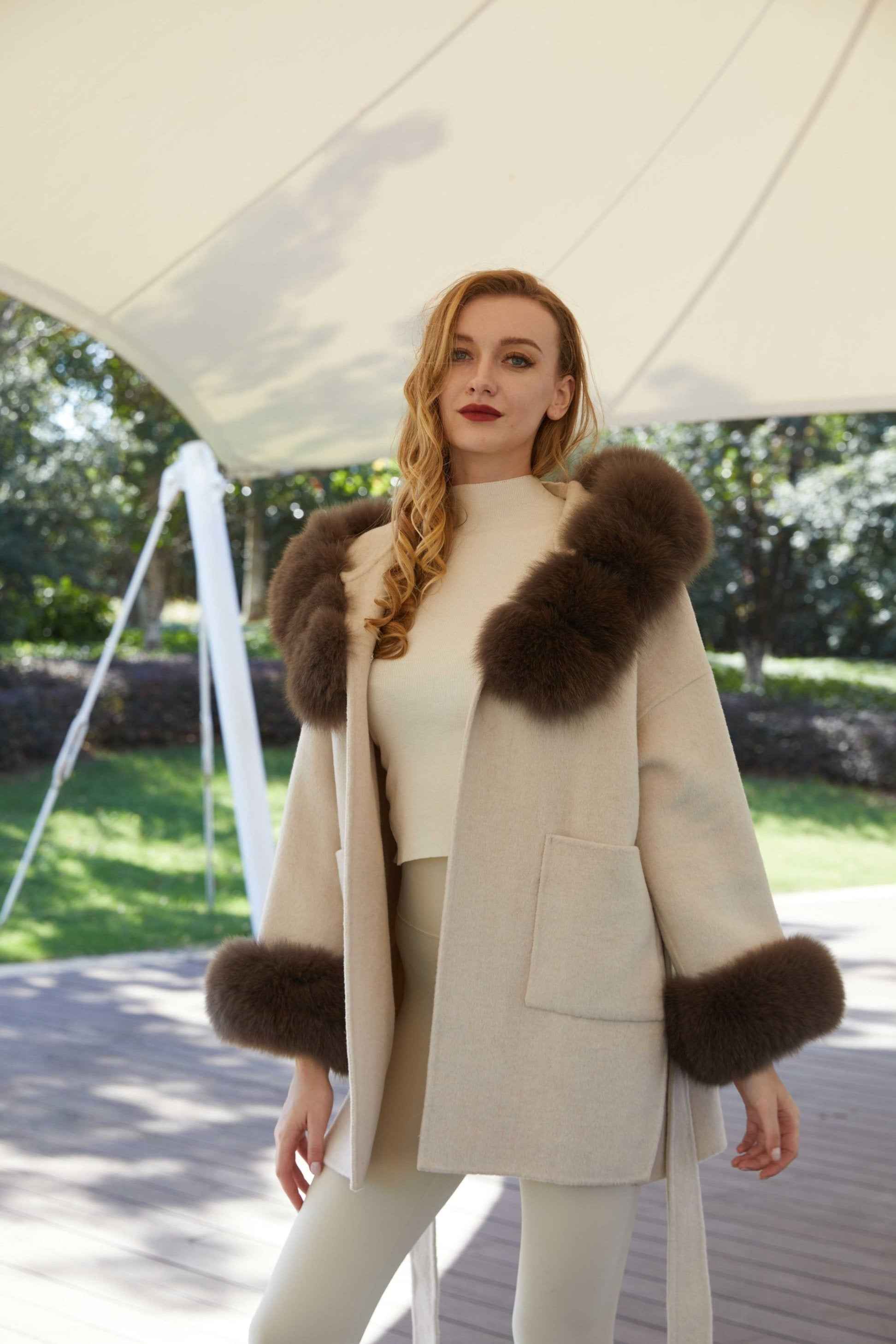 Women's Segmented Fur Collar Hooded Double Sided Cashmere Cuffs with Fur Collar Coat - Janefur