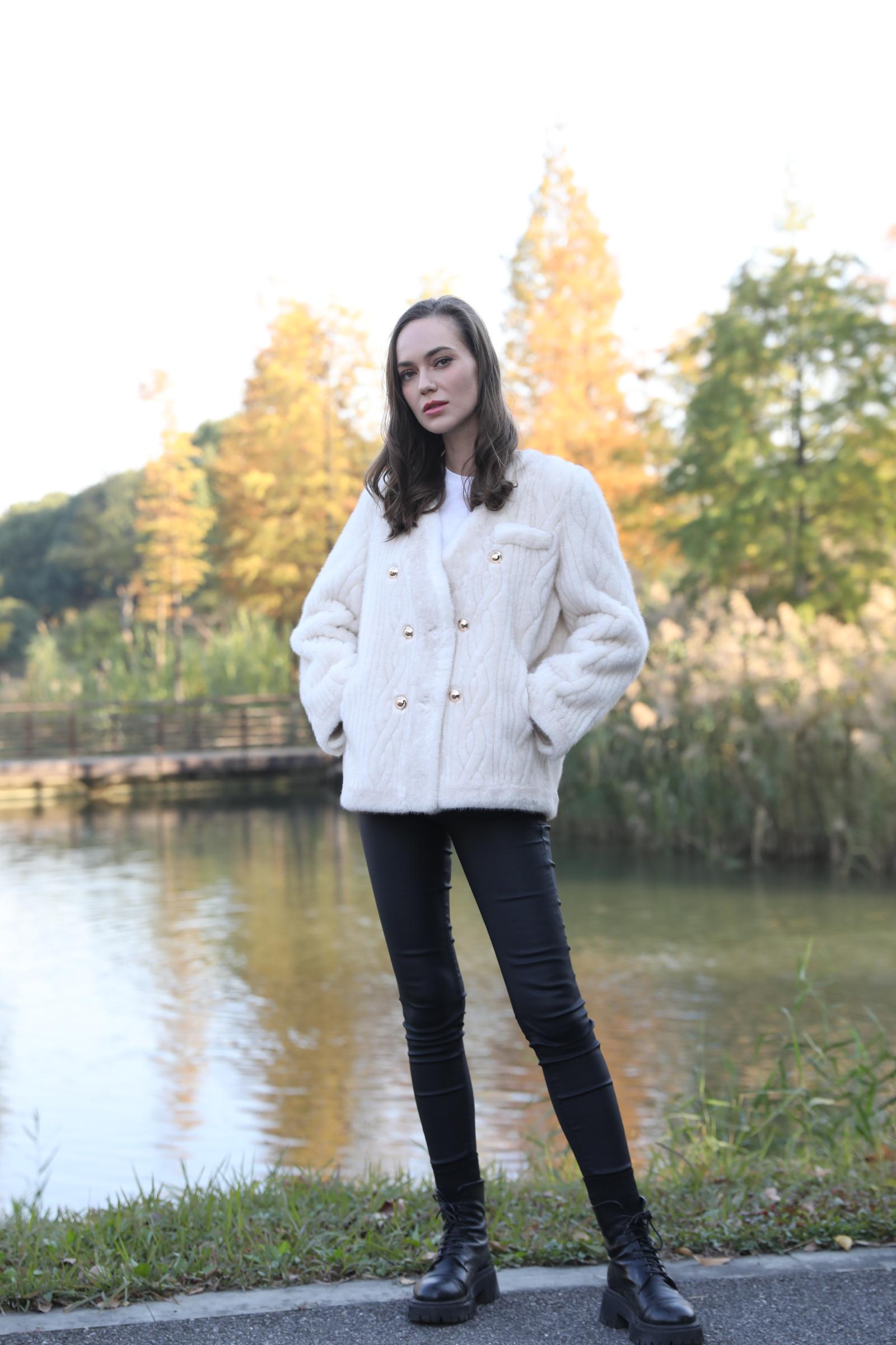 Women's Metal Button V-Neck Elegant Fashion Faux Mink Jacket - Janefur
