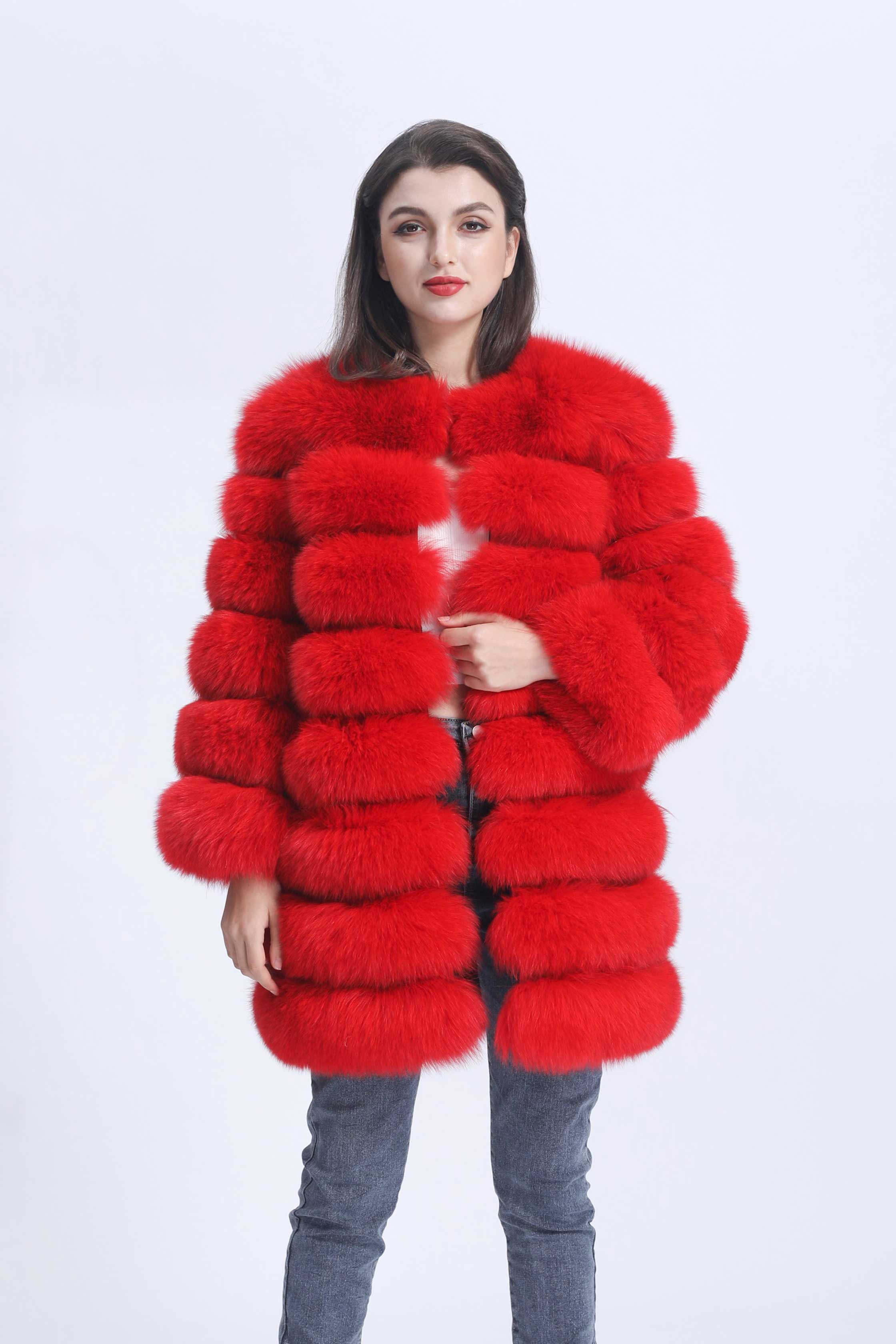 Women's Winter Warm Comfortable Crewneck Real Fox Fur Jacket - Janefur