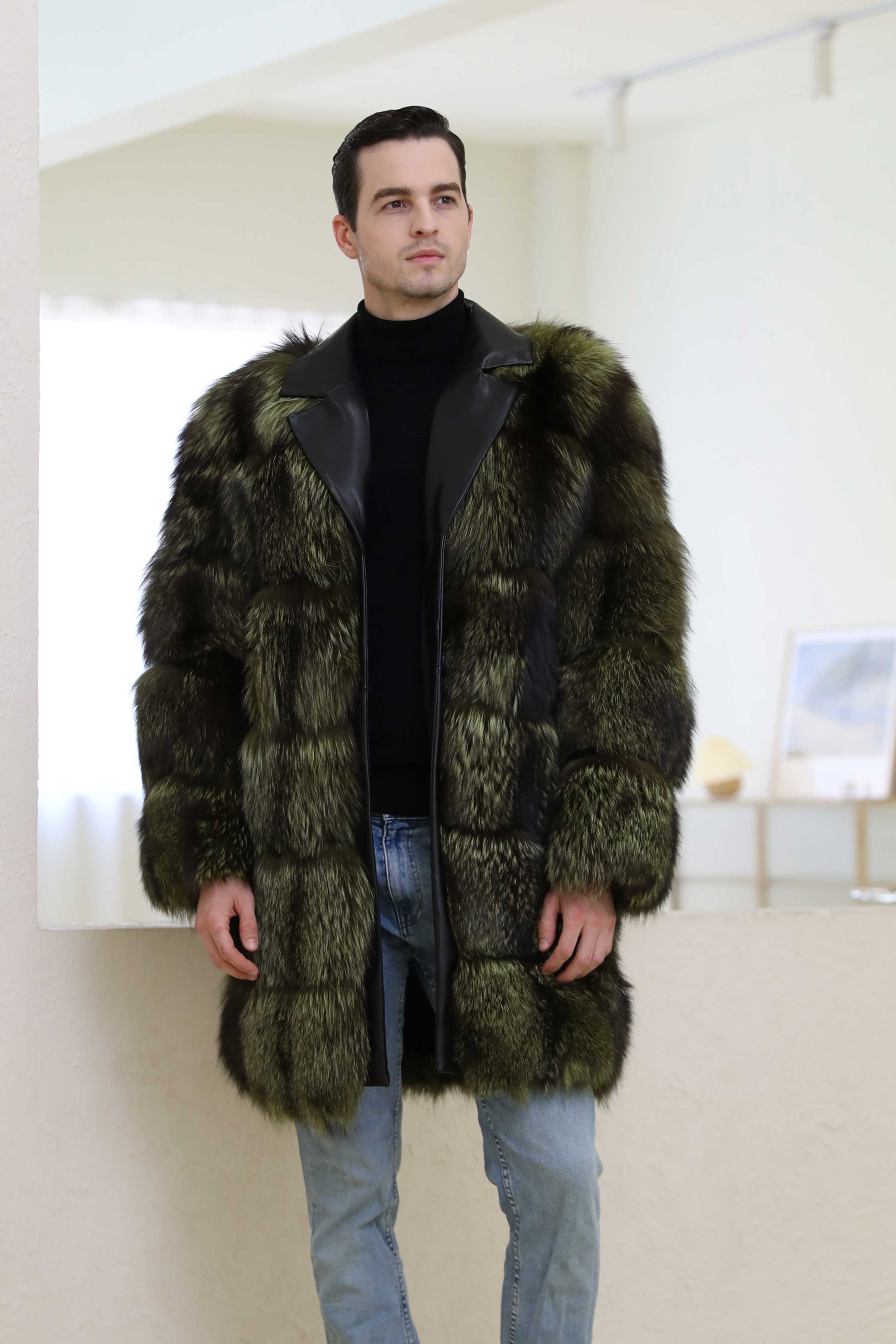 Winter New Leather Collar Button Design Men's Real Fox Fur Coat - Janefur