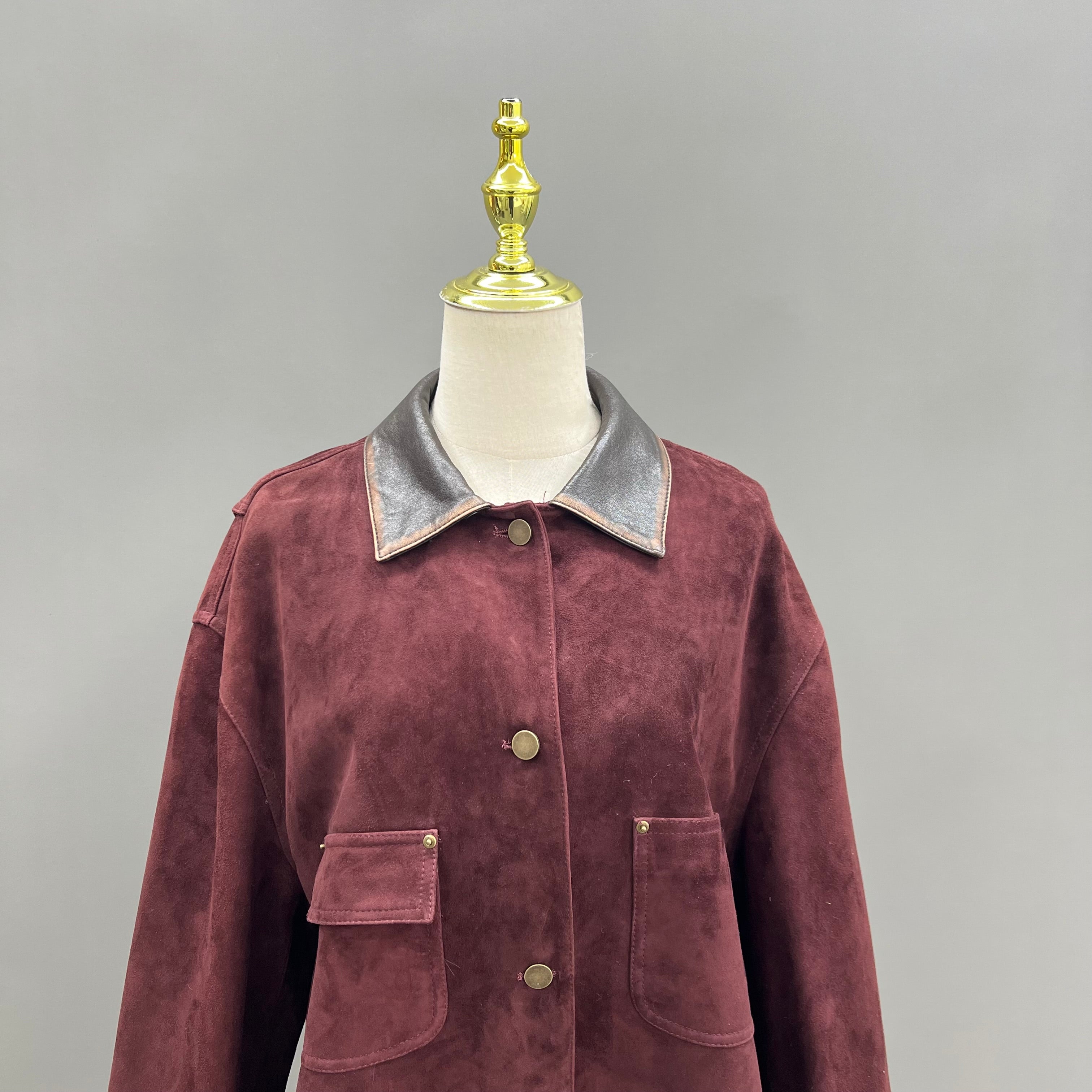 Retro collar Burgundy Suede Leather Jacket — Classic & Stylish Outerwear - Janefur