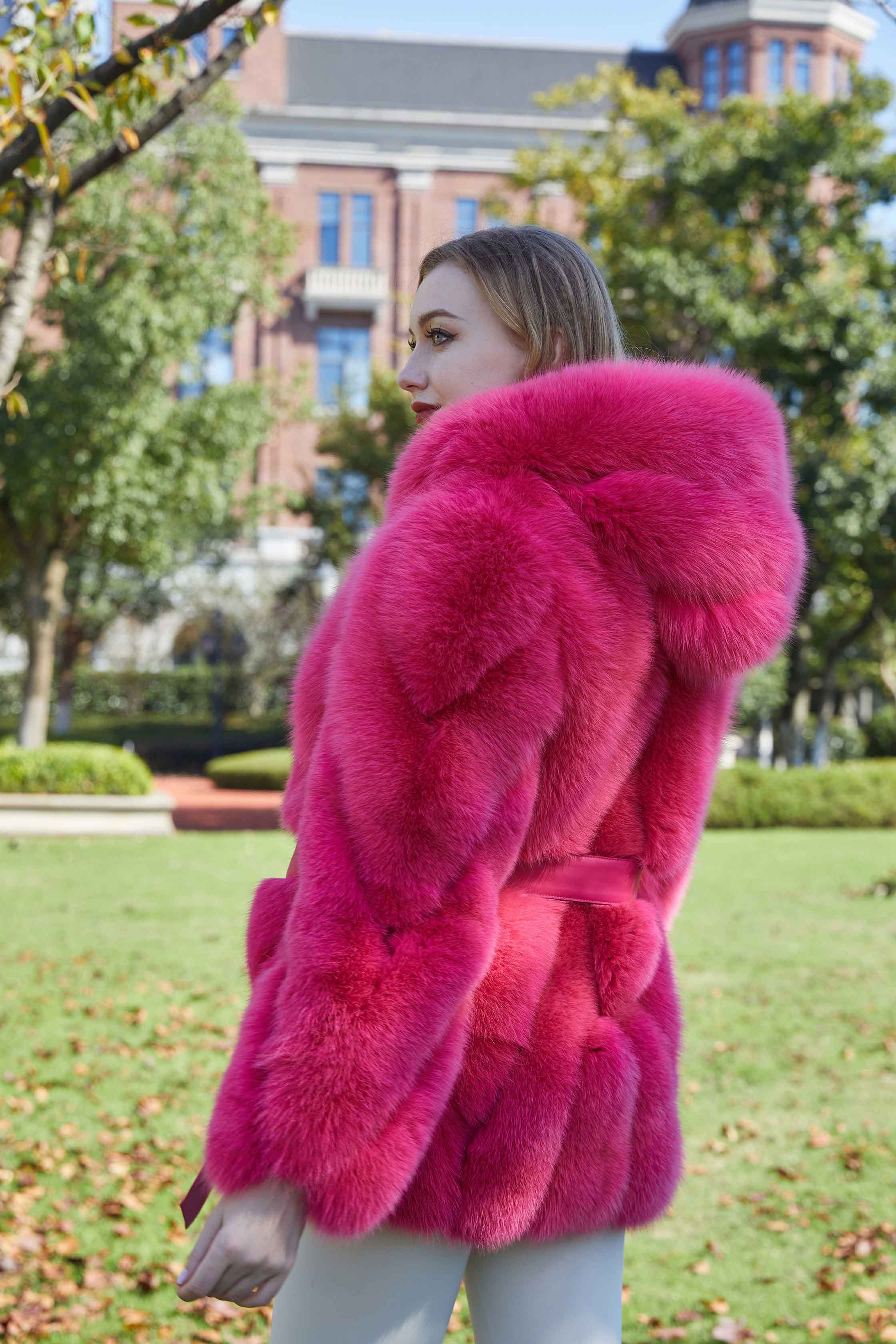 Factory Wholesale Solid Color Womens Fox Fur Thick Coat with Hood - Janefur