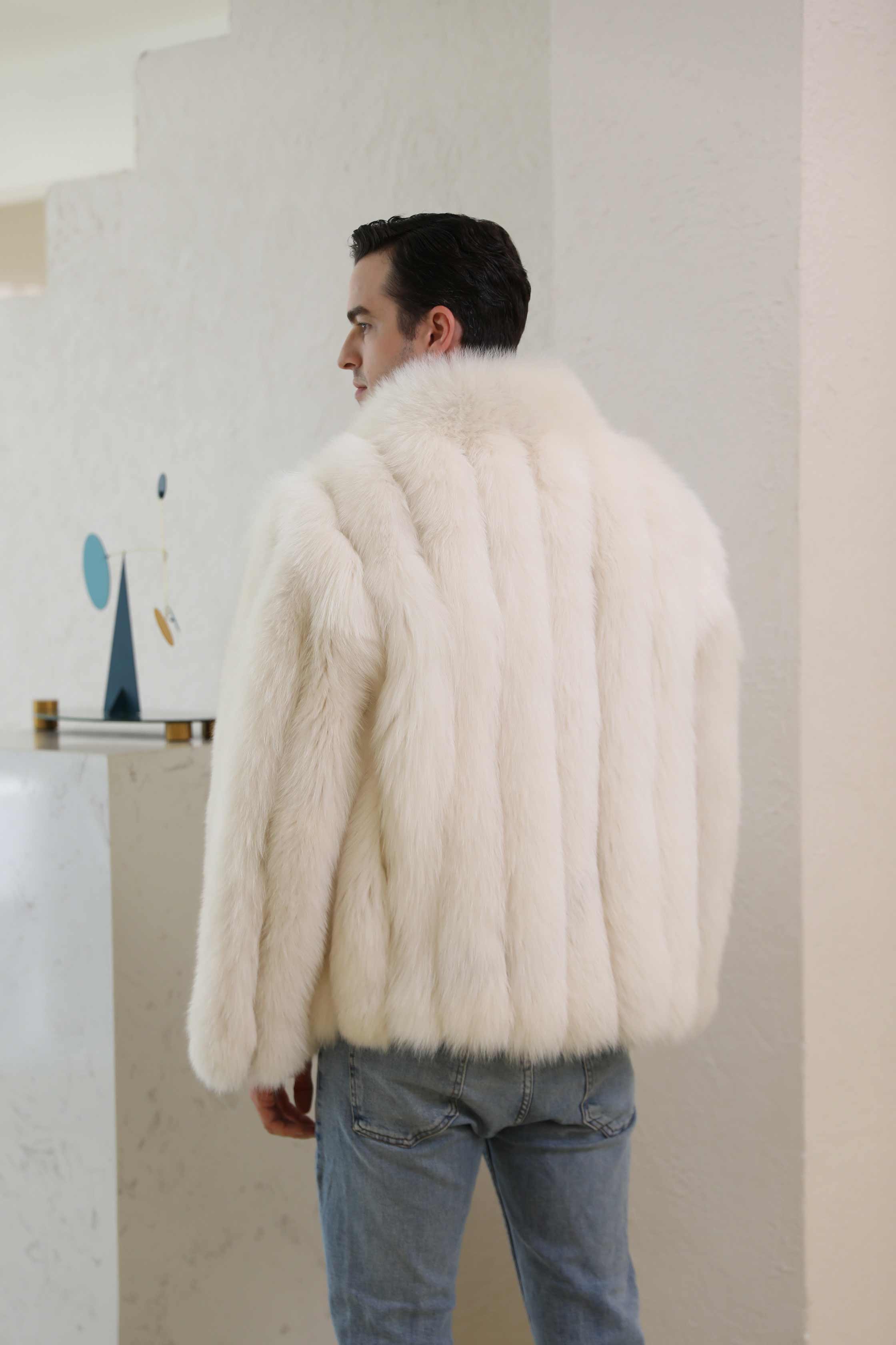 Men's Winter Coat With Stand-up Collar And Vertical Stripes Real Fox Fur - Janefur