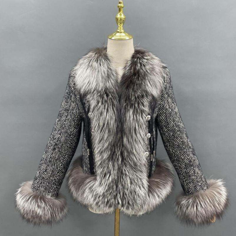 Women's Winter Fashion Coarse Woven Fabric Fox Fur Collar Coat - Janefur