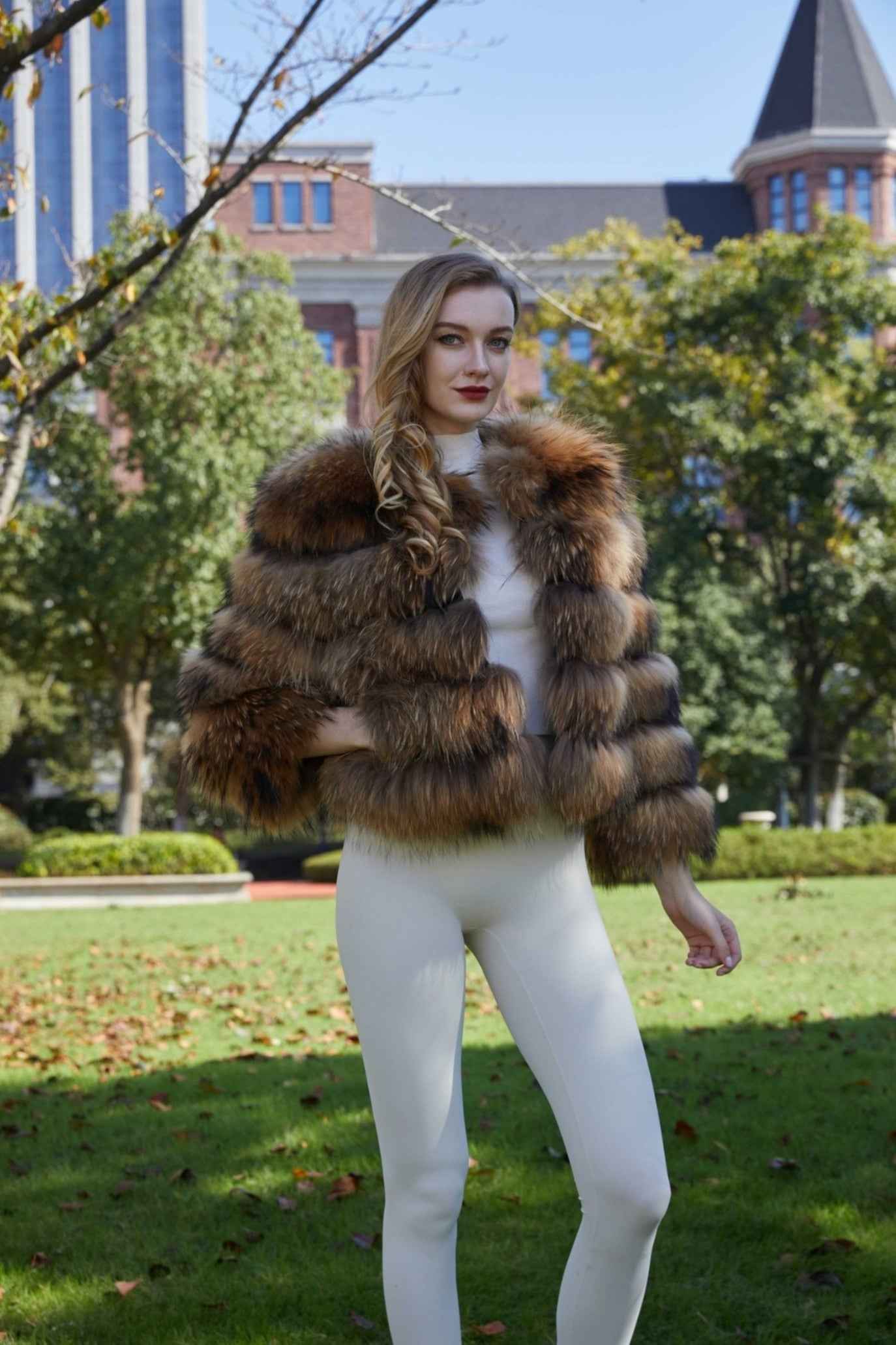 2023 New 5 Section Horizontal Stripe Short Raccoon Fur Coat - Janefur