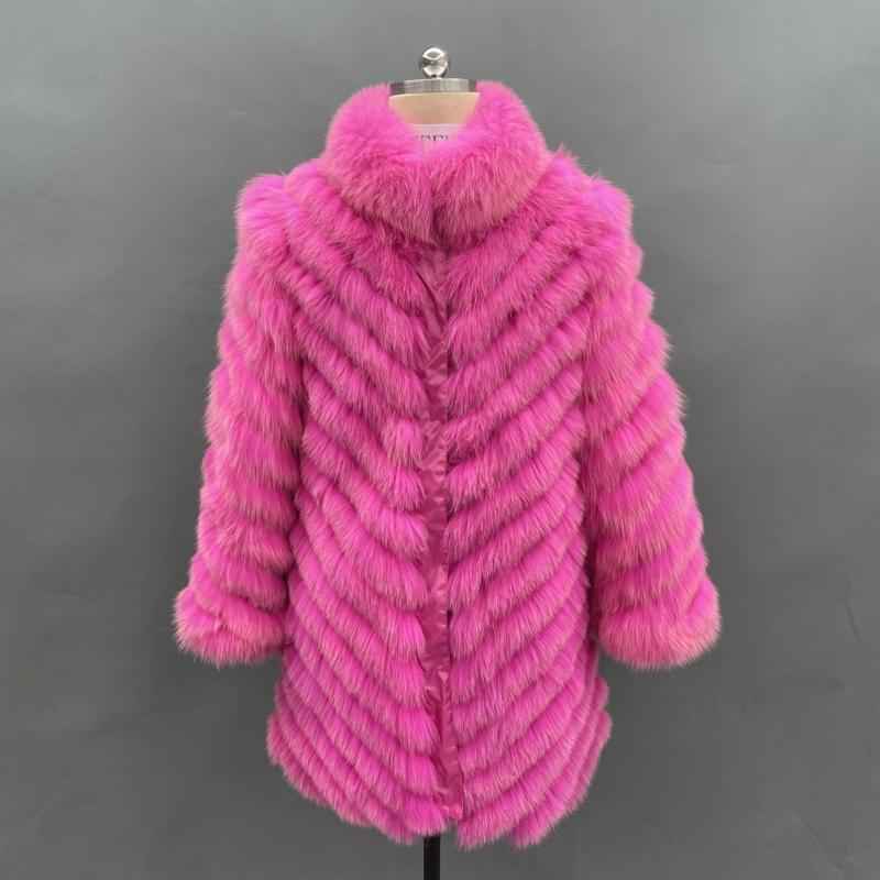 Double-Sided Fox Fur Diagonal Stripe Long Coat - Janefur