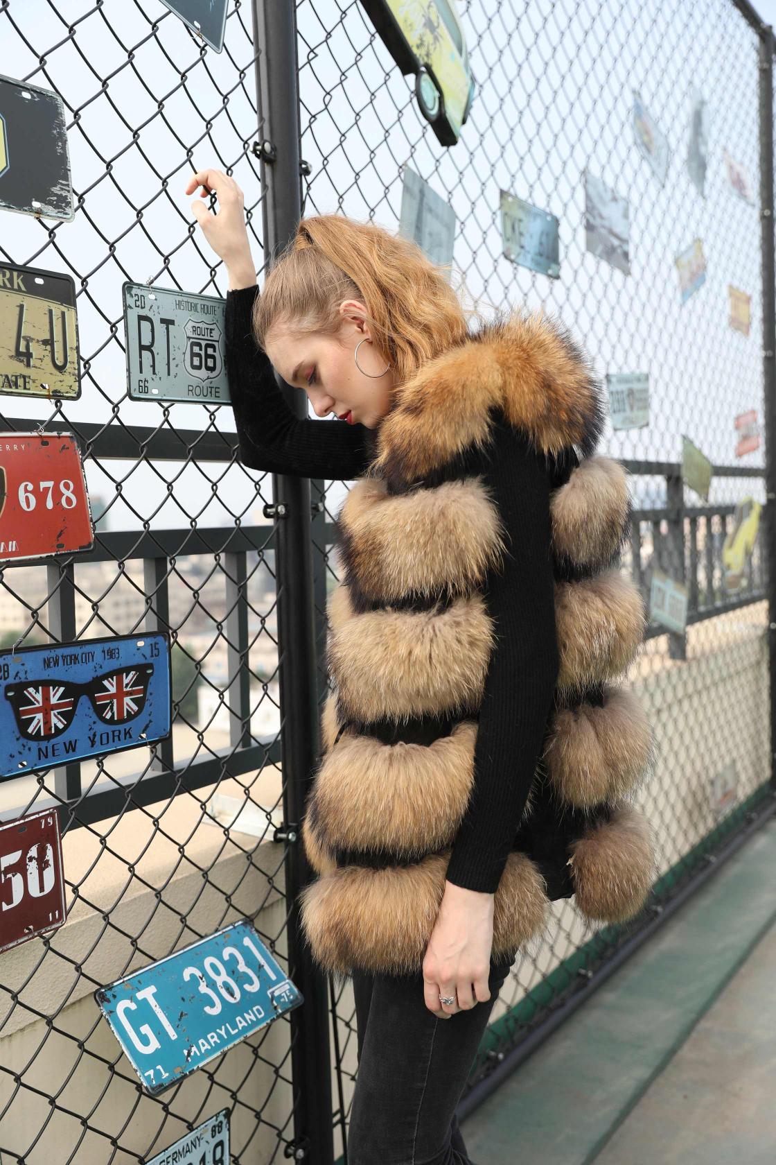 Women's Winter Long Real Raccoon Fur Coat Sleeveless Vest - Janefur