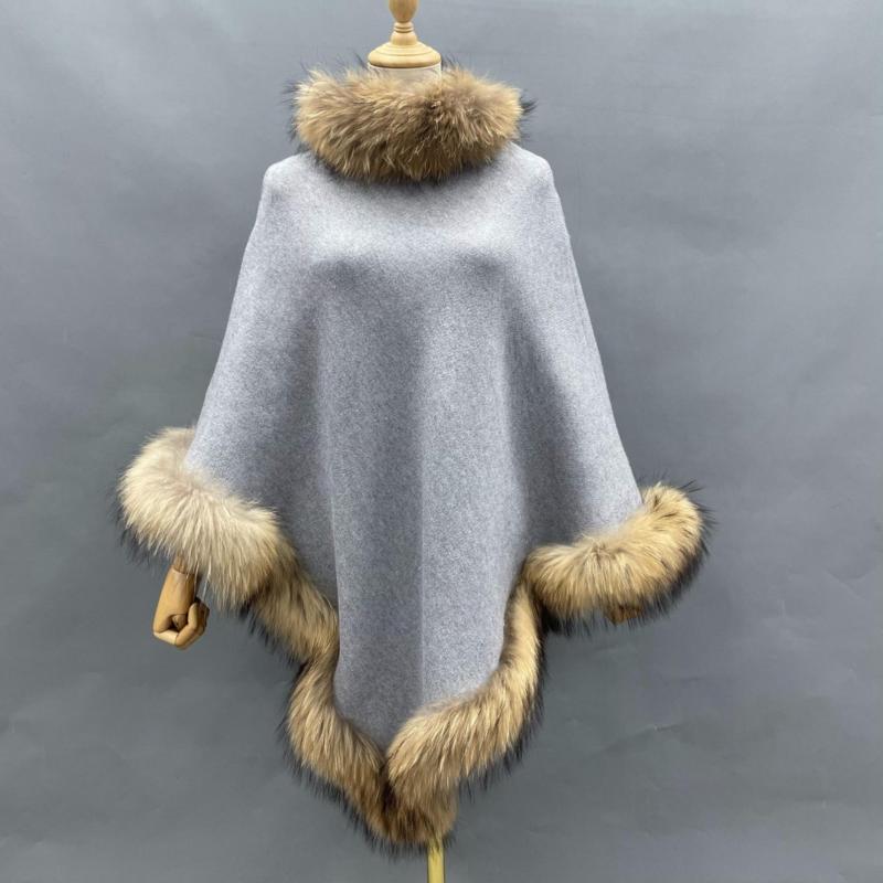 Collar and Hem Raccoon Fur Stripe Knitted Cape - Janefur
