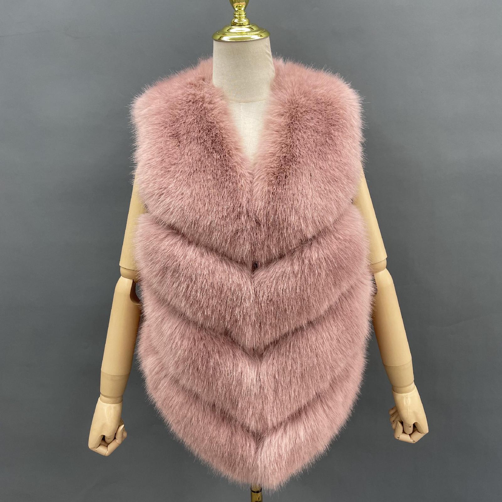 Women's Spring and Autumn Diagonal Striped Faux Fur Vest Solid Color Eco Fur Waistcoat - Janefur