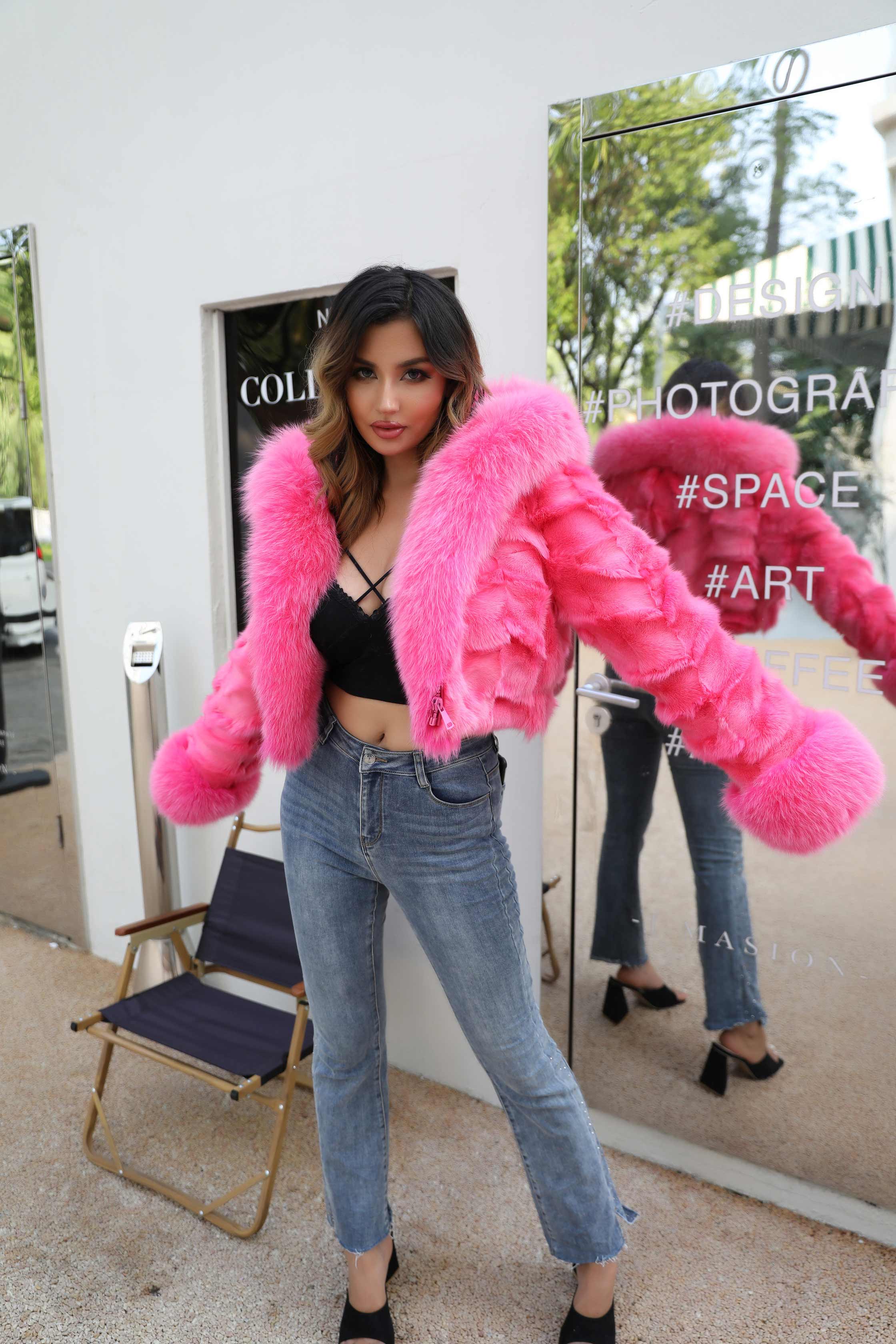 Luxury Women's Winter Short Fox Fur With Hooded Zipper Style Coat - Janefur