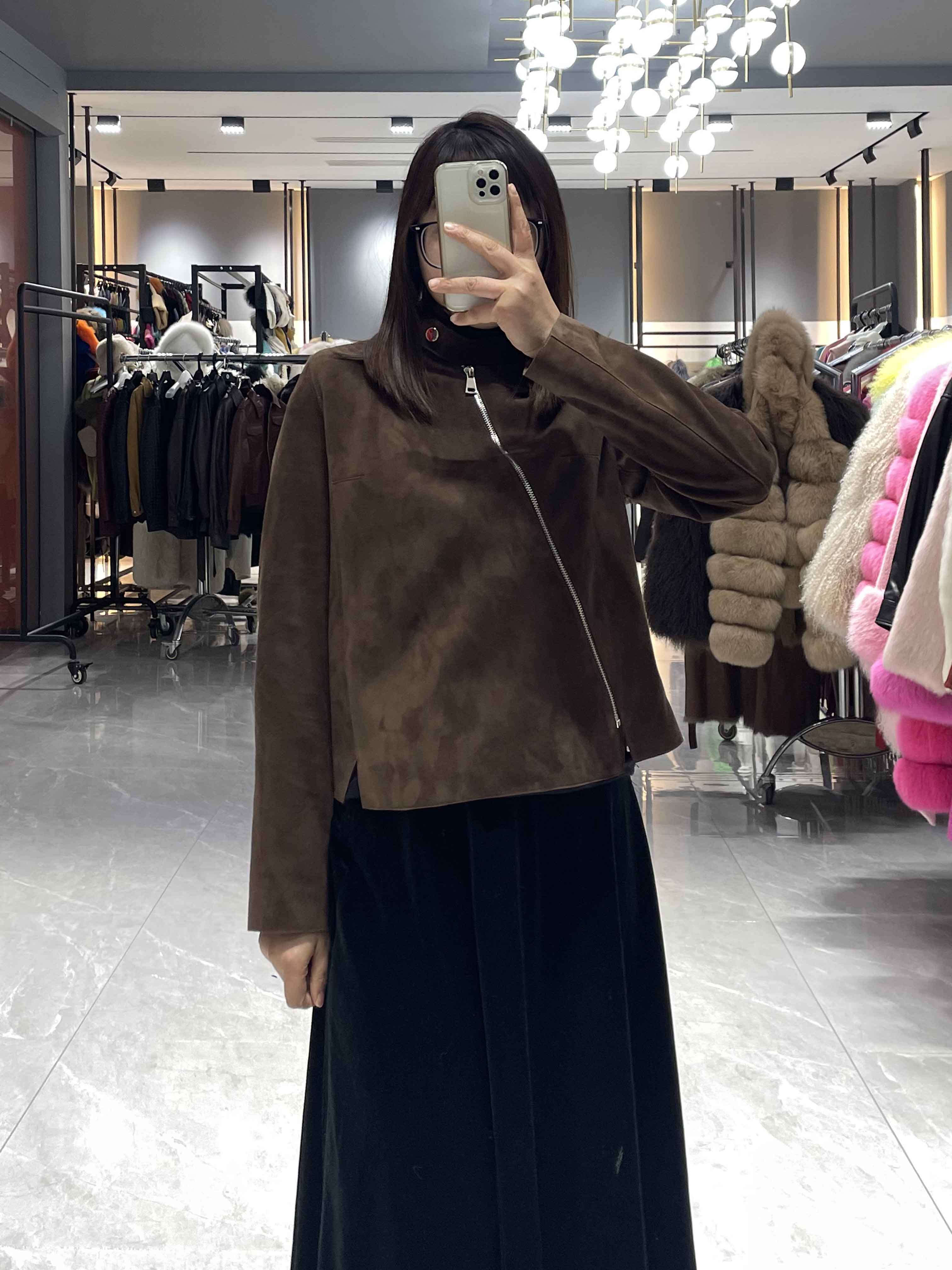 Suede Zip-Up Jacket with Asymmetric Hem - Janefur