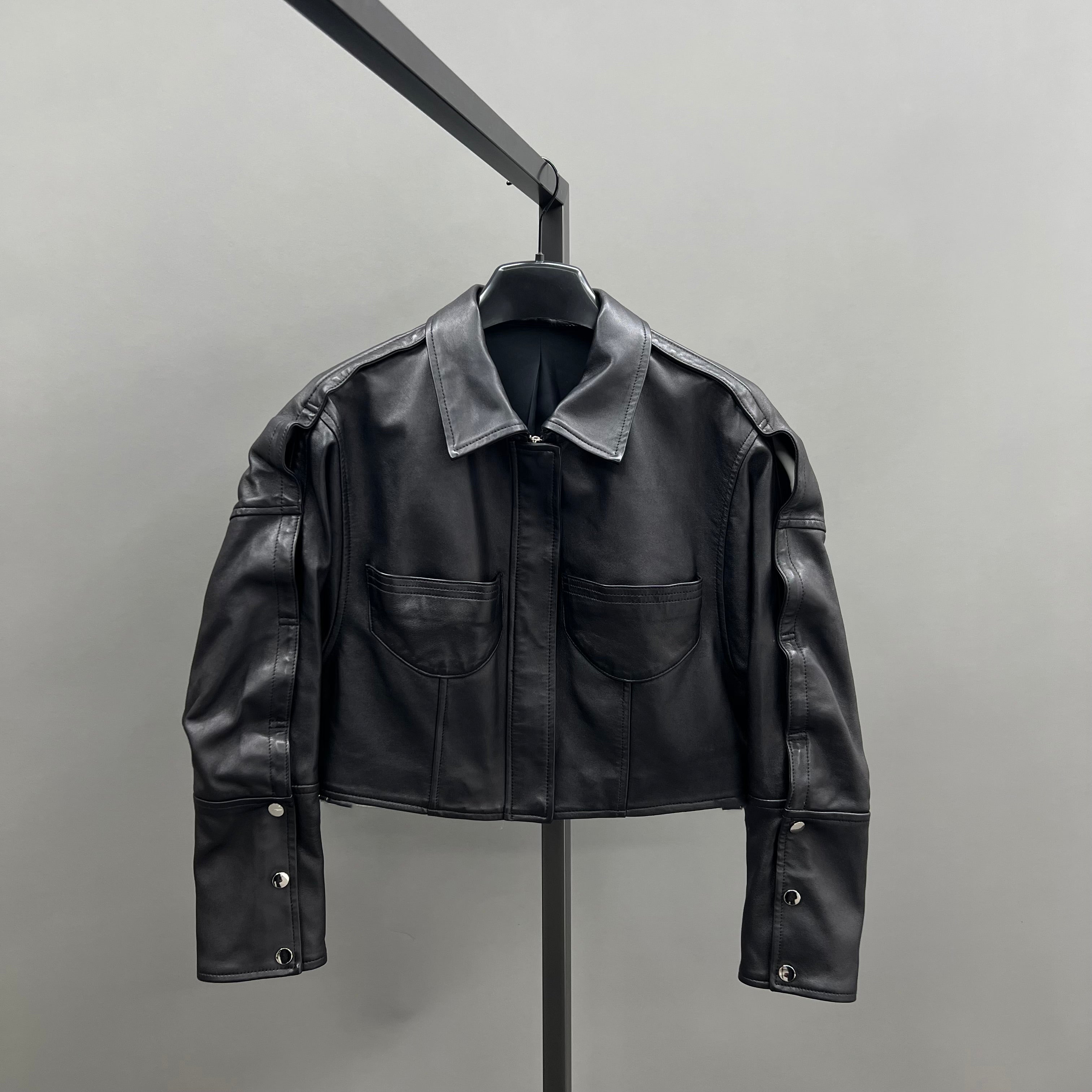 Leather Cropped Jacket with Button Details - Janefur