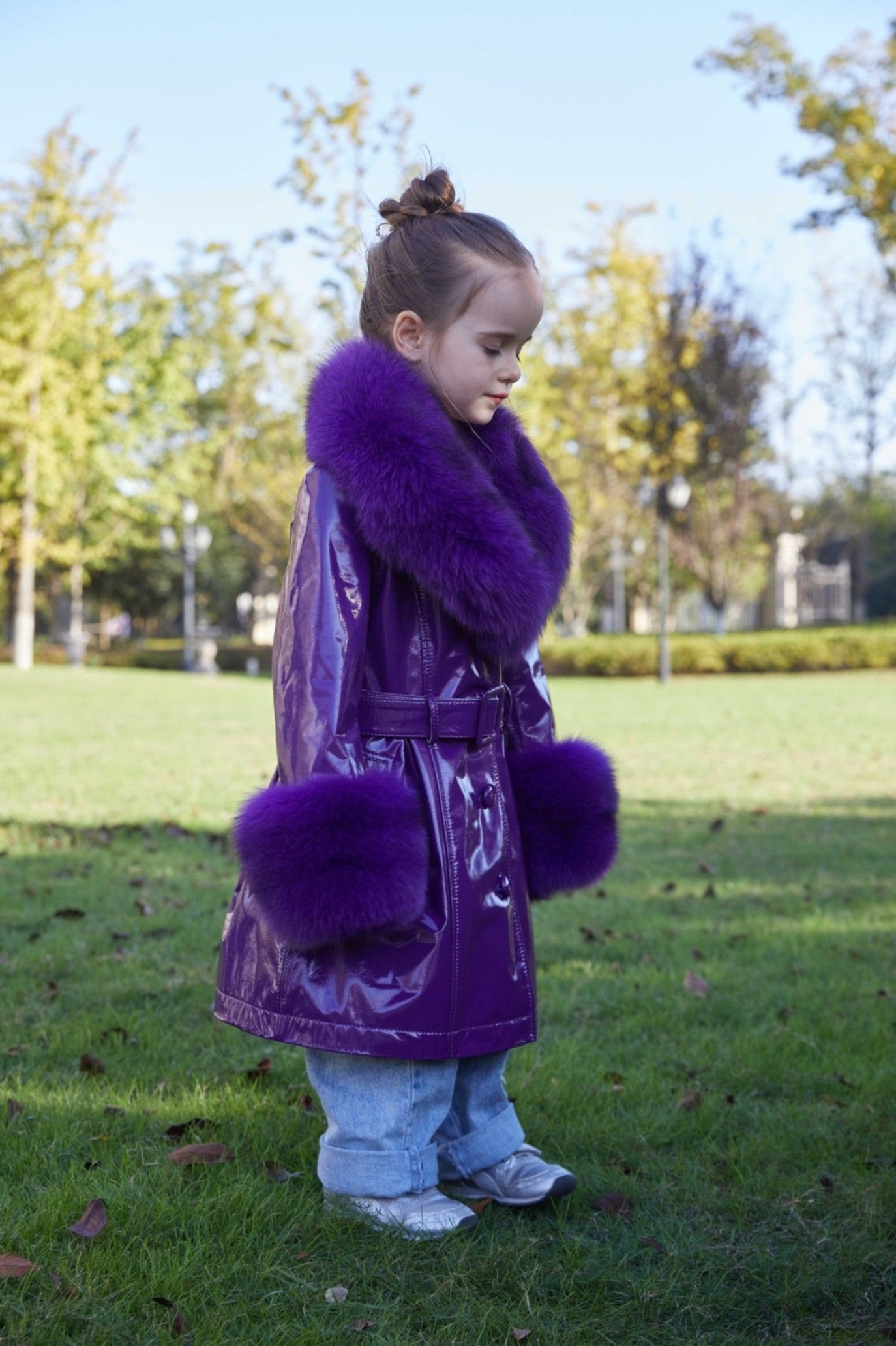 Children's Large Flip Collar Collar Terry Long Shiny Leather Jacket - Janefur