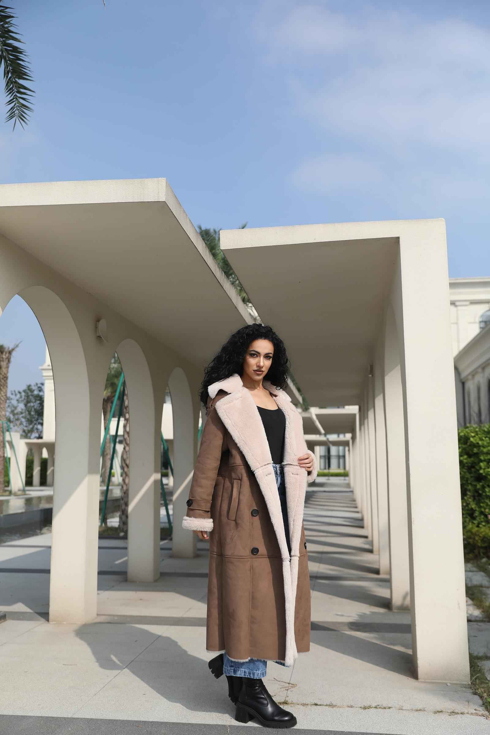 Leather and Fur Combo Merlot Double-Breasted Women's Vintage Long Coat - Janefur