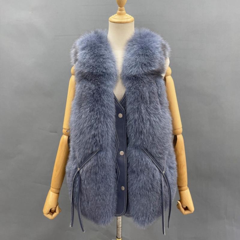 Janefur Blue Fox V Neck Fox Fur Leather Vest - Janefur